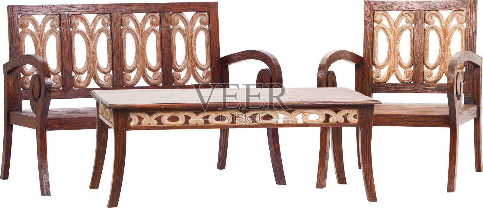 木制公园家具全套的外部或花园家具，孤立在白色背景上的天然木材照片摄影图片