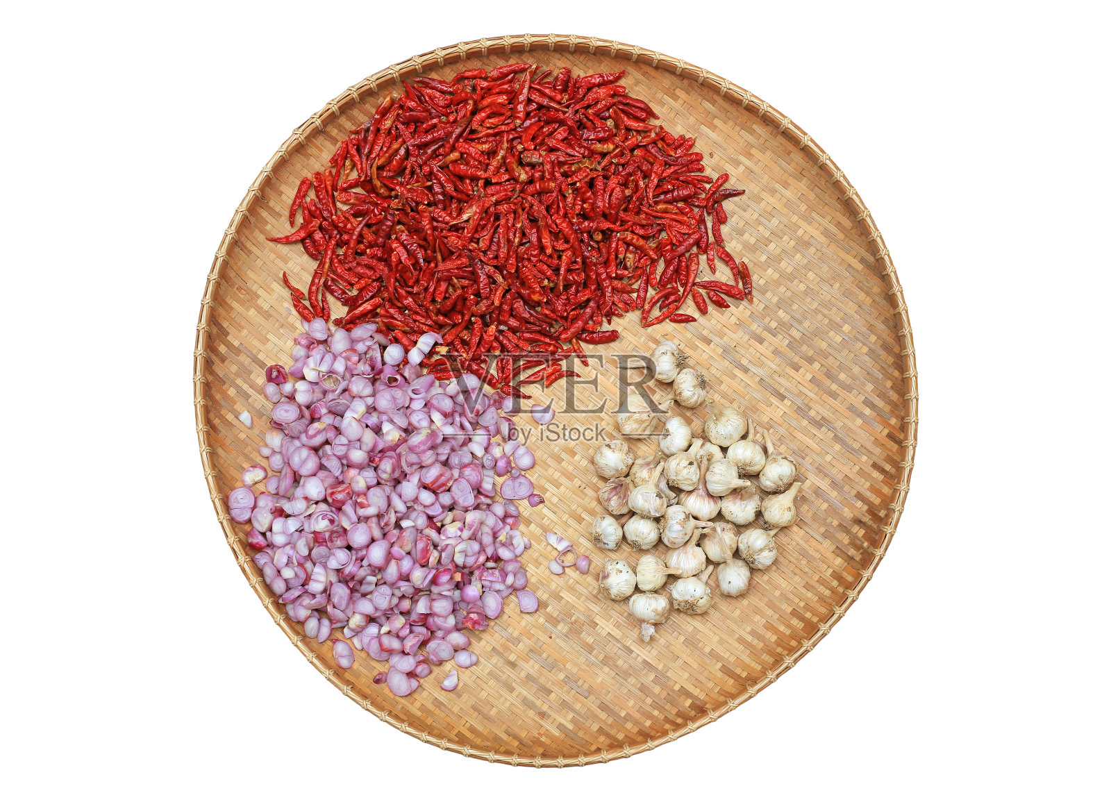 干辣椒，大蒜和洋葱配料食品咖喱酱竹木脱粒篮孤立在白色的背景。俯视图照片摄影图片