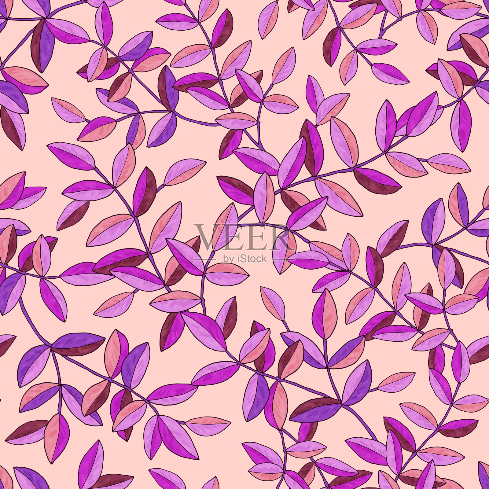 无缝的图案与树枝与紫色的叶子。纹理印刷，织物，纺织品，墙纸。手绘矢量插图。孤立在白色背景上。插画图片素材