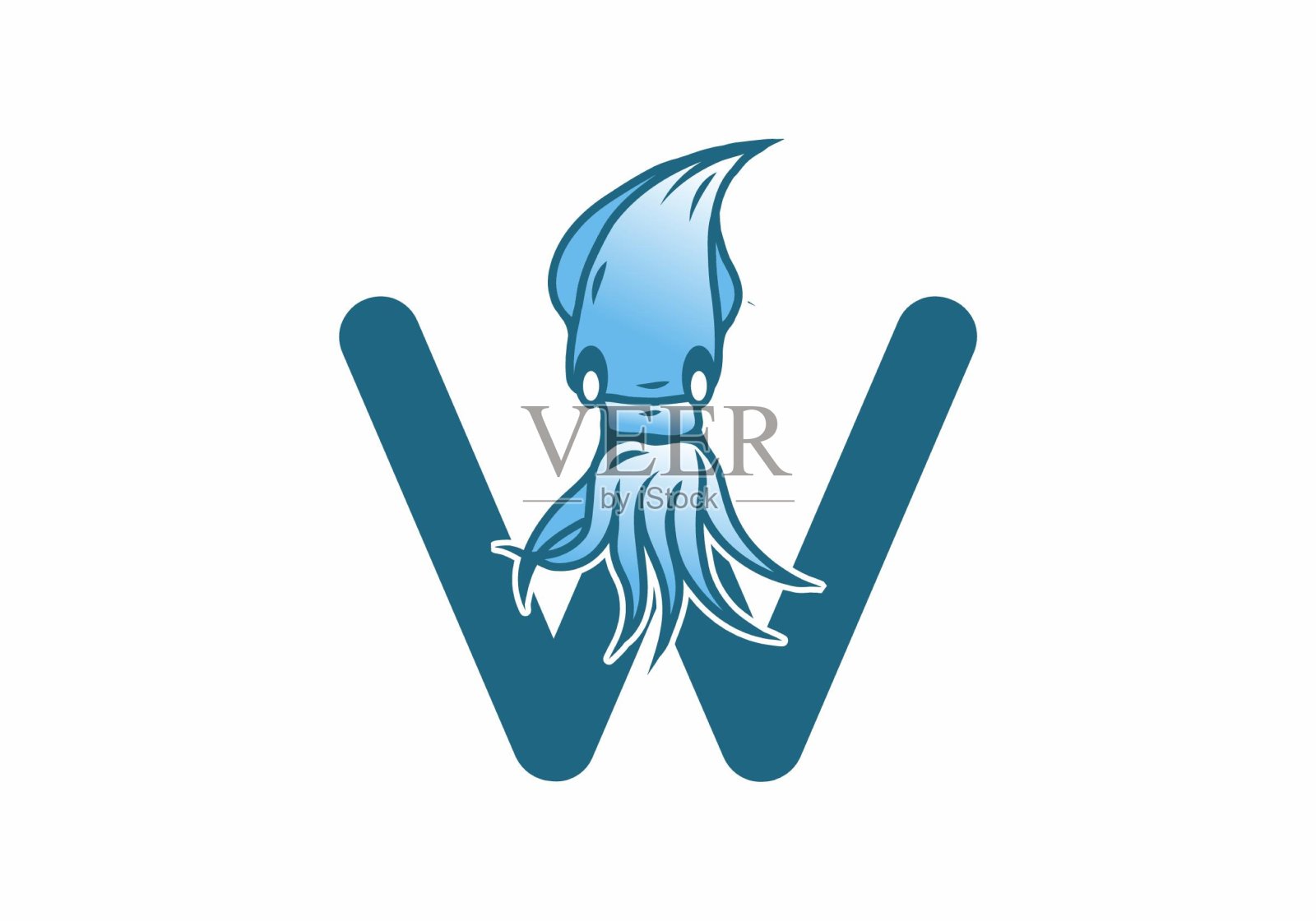 蓝色首字母W，带有鱿鱼图案设计元素图片