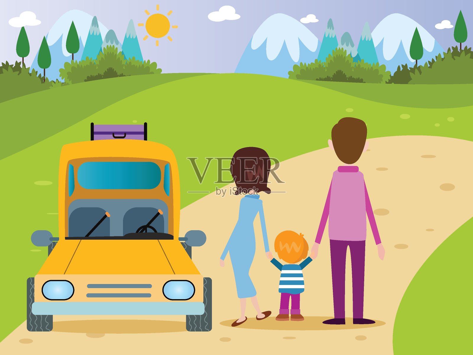 家人站在路上开车旅行插画图片素材