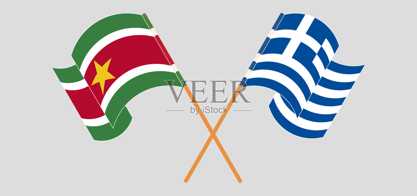 交叉的苏里南和希腊国旗。官方色彩。正确的比例设计元素图片