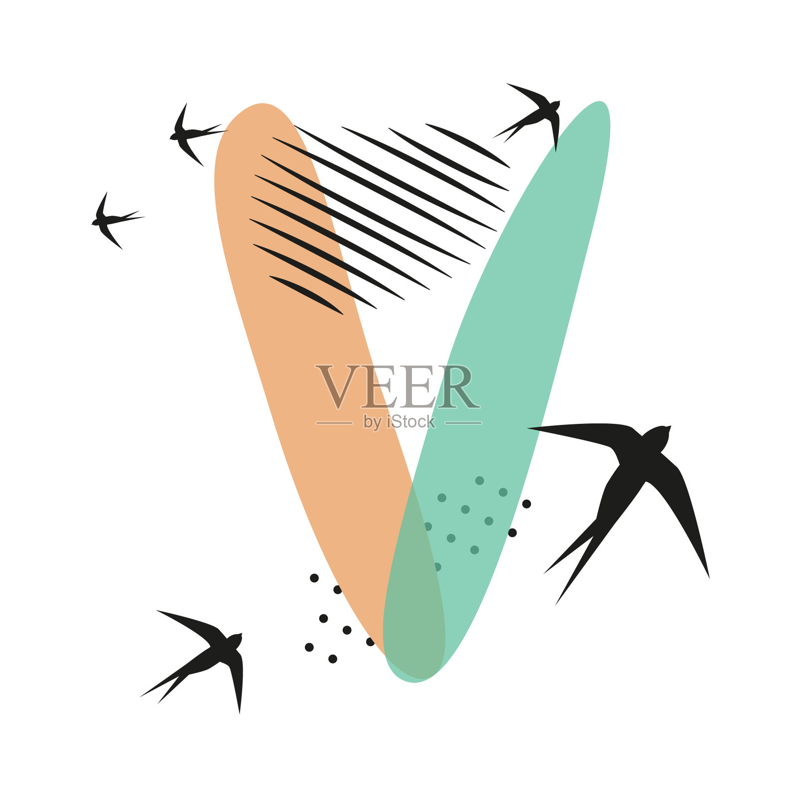 极简主义图案，东方风格的字母v的形式。抽象的物体，斑点，点，阴影在黑色墨水和羽毛。矢量插图，鸟类的形式象形文字。插画图片素材