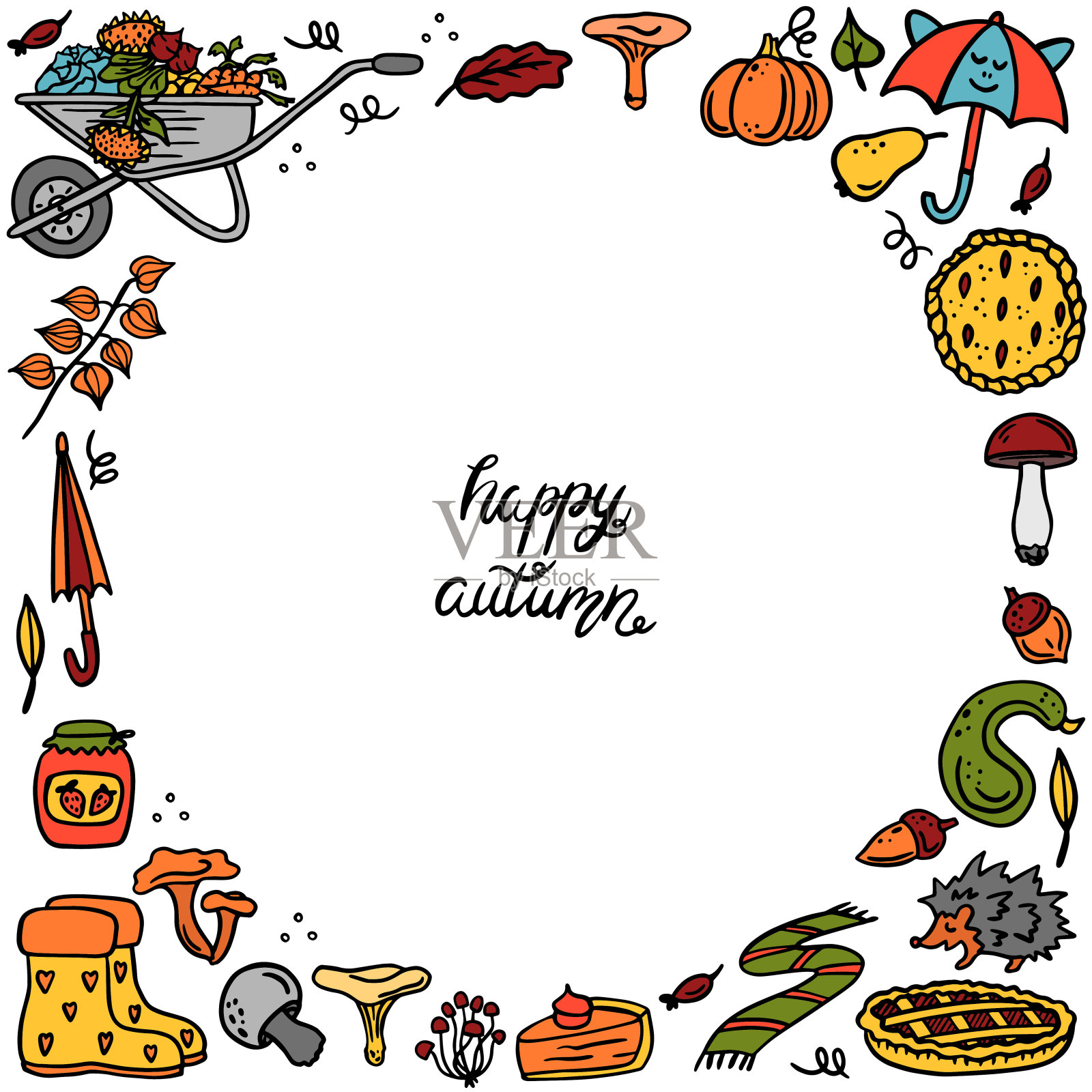 带有autumn元素的向量模板。树叶、蘑菇、浆果。派,手推车,南瓜。对于社交网络，一个横幅。快乐的秋天，文字的地方插画图片素材