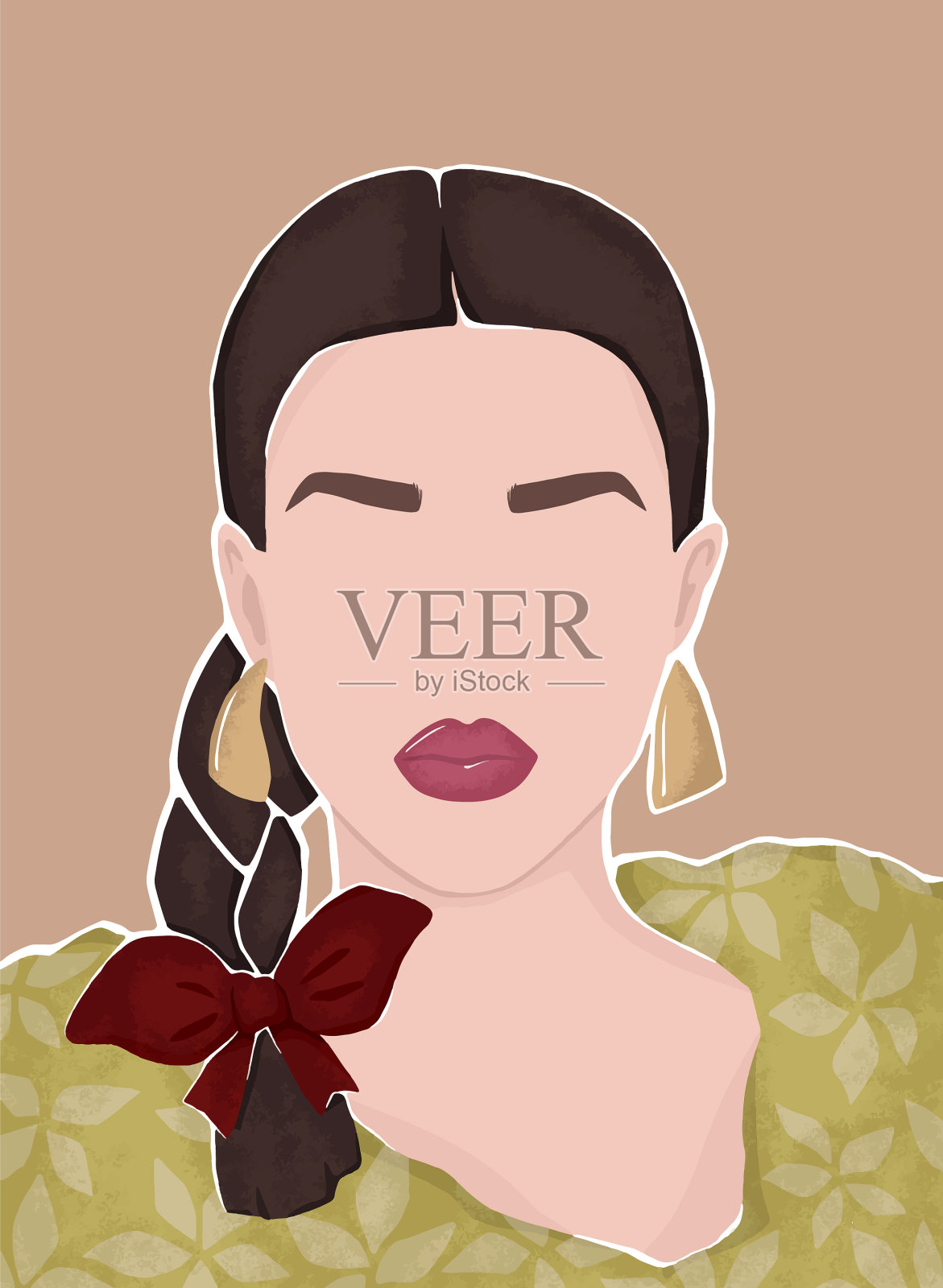 漂亮的棕色头发的女人穿着绿色的裙子插画图片素材