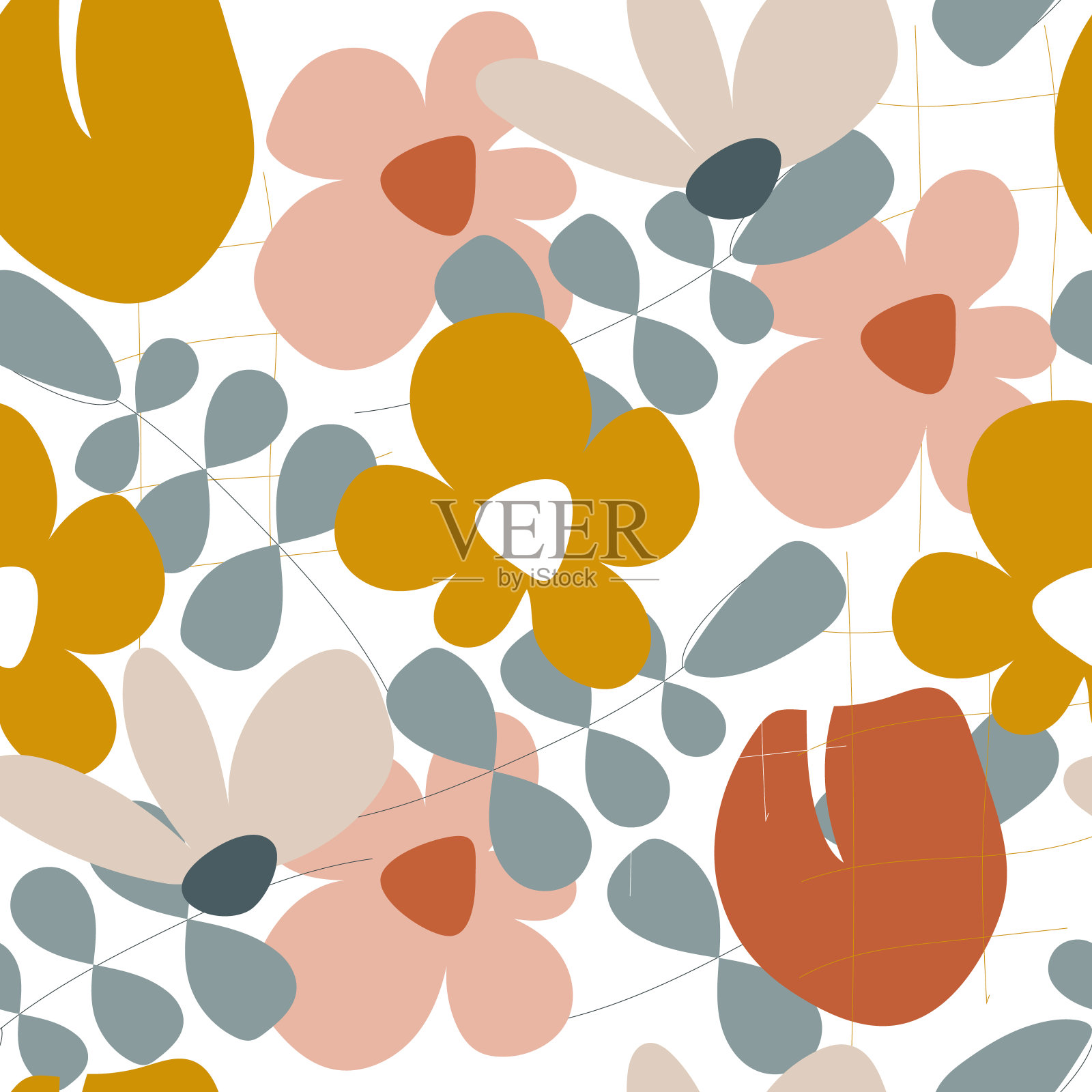 大花朵图案。色彩柔和的多色大花。白色背景。抽象的背景。时尚印花的花卉模板。插画图片素材