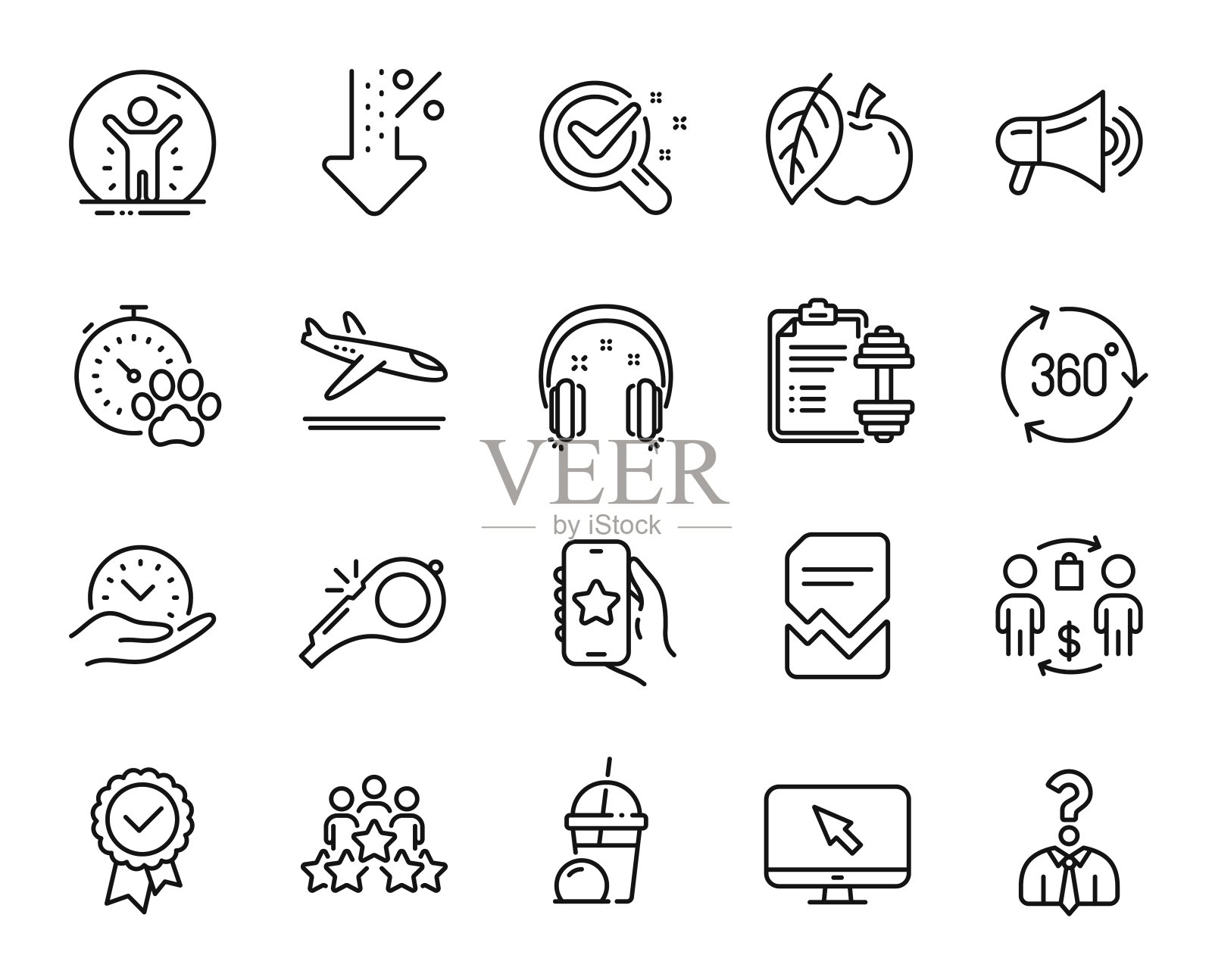 向量组的狗竞争，最喜欢的应用程序和低百分比线图标设置。向量图标素材