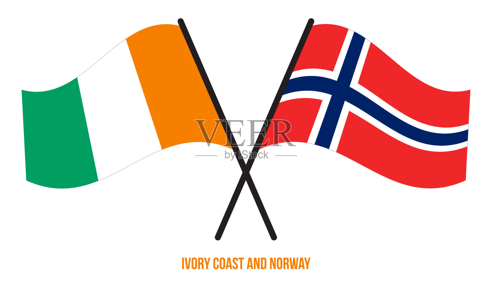 象牙海岸和挪威旗帜交叉和挥舞扁平风格。官方的比例。正确的颜色。插画图片素材