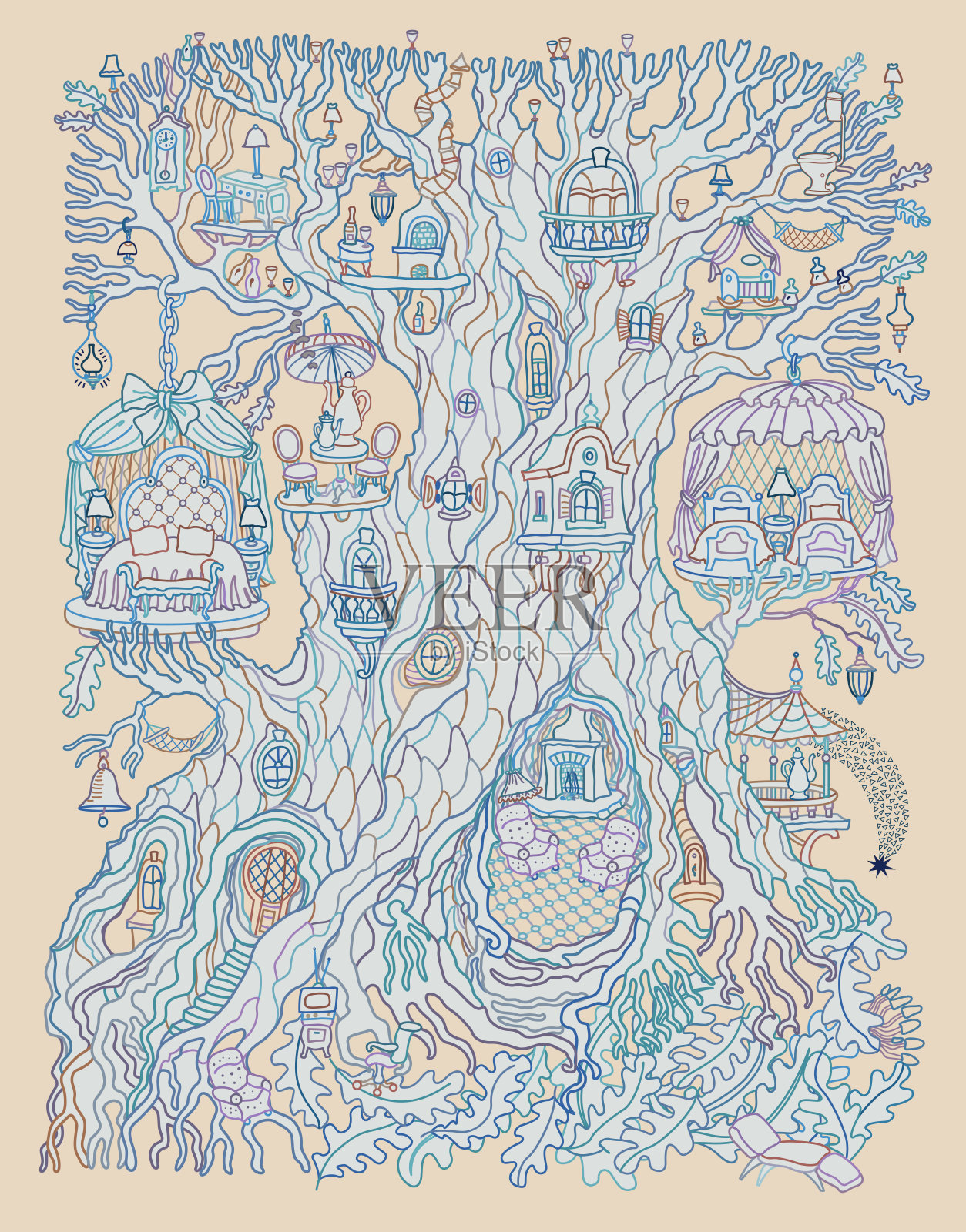 手绘幻想老树和童话房子。线性彩色轮廓素描在米色的背景。成人和儿童涂色书页，隔离隔离期概念插画图片素材