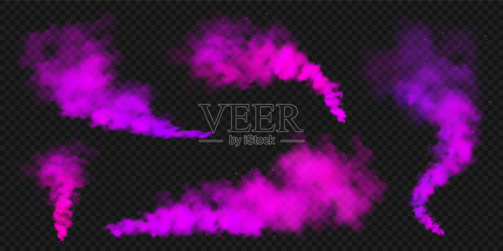 逼真的紫色彩烟云雾效果。深色背景上的彩色雾。蒸汽在空气中，蒸汽流动。矢量图设计元素图片