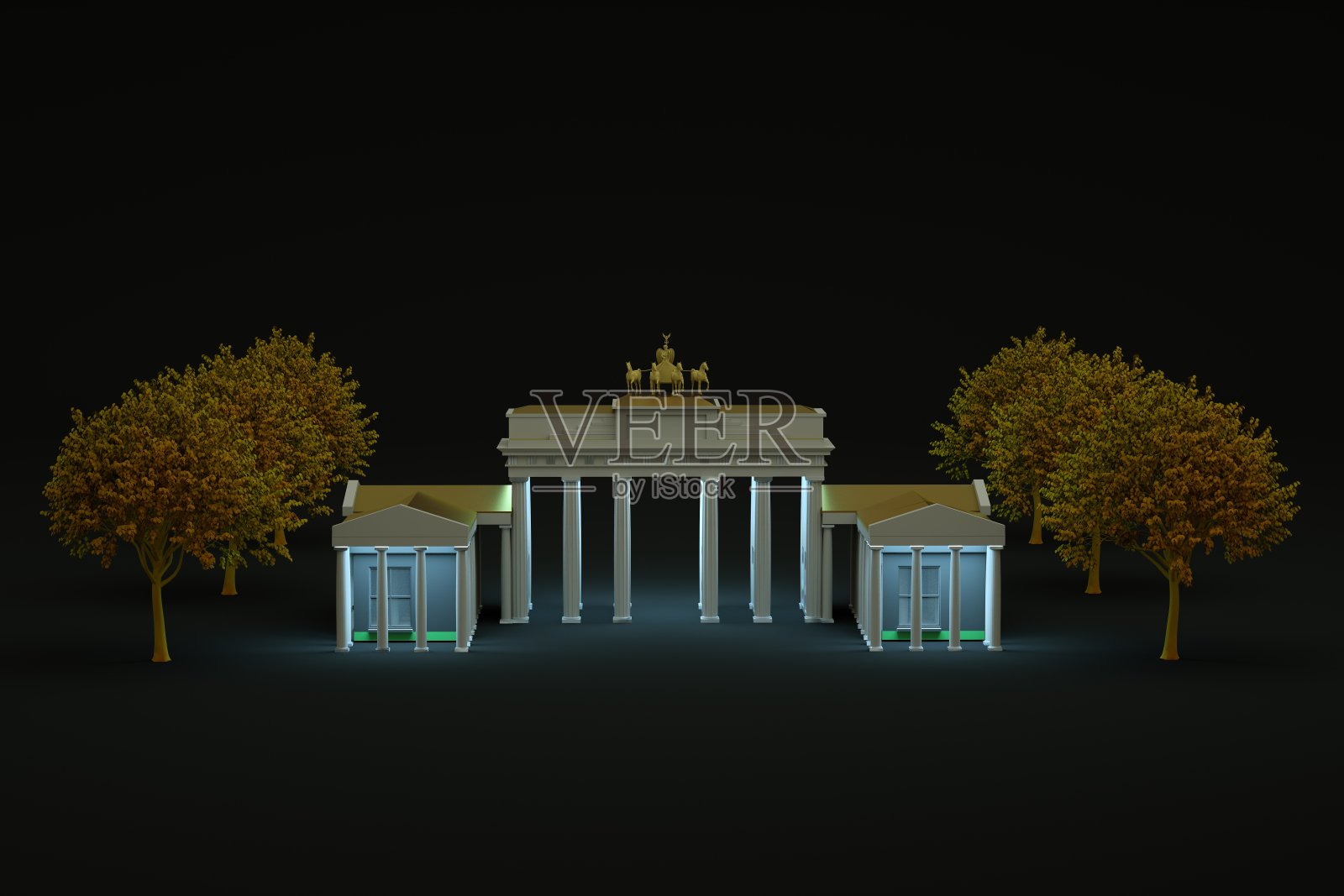 3D地标物体与柱和一个雕像的马在顶部。地标附近长着树。黑色的孤立背景。特写镜头照片摄影图片