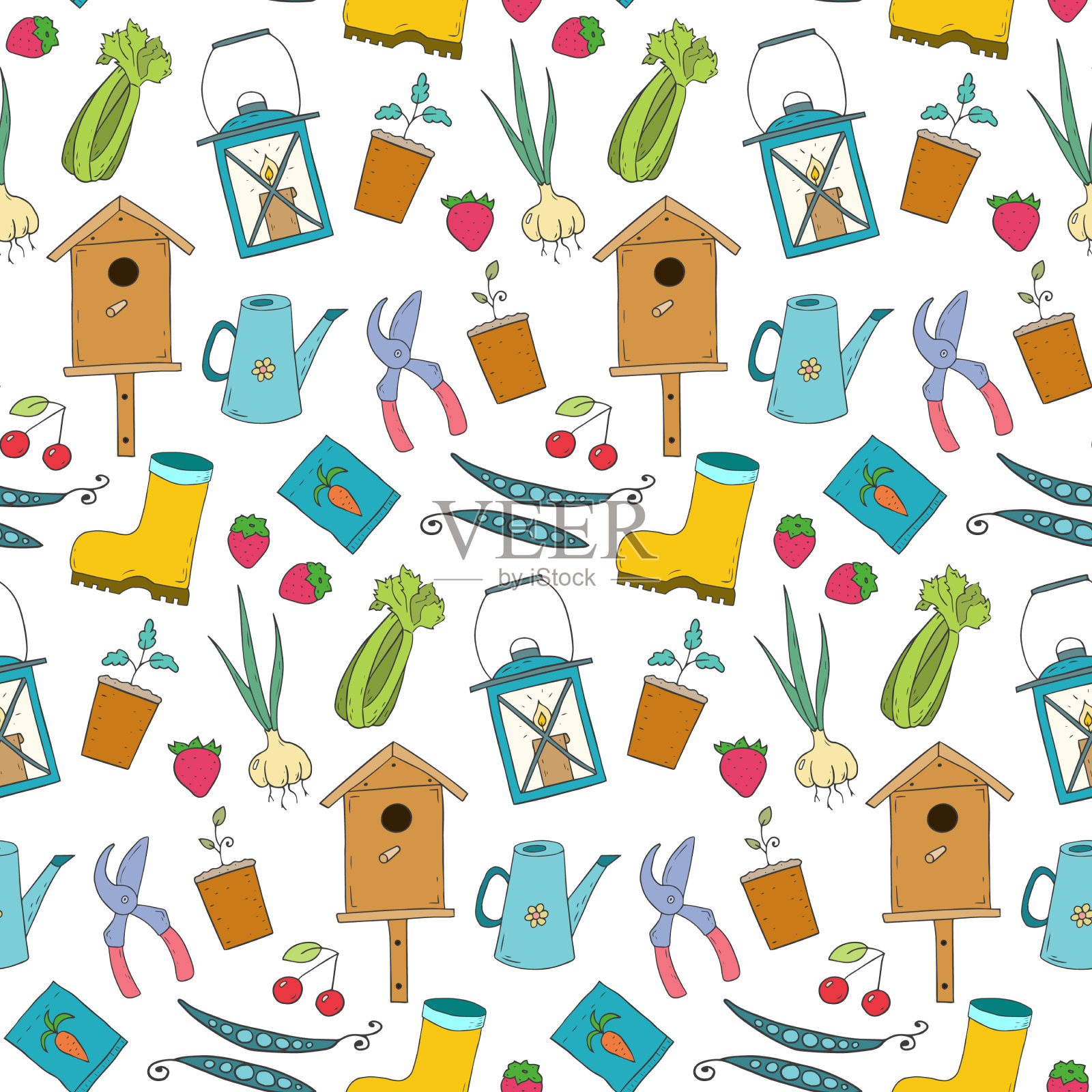 无缝模式与卡通园艺项目插画图片素材