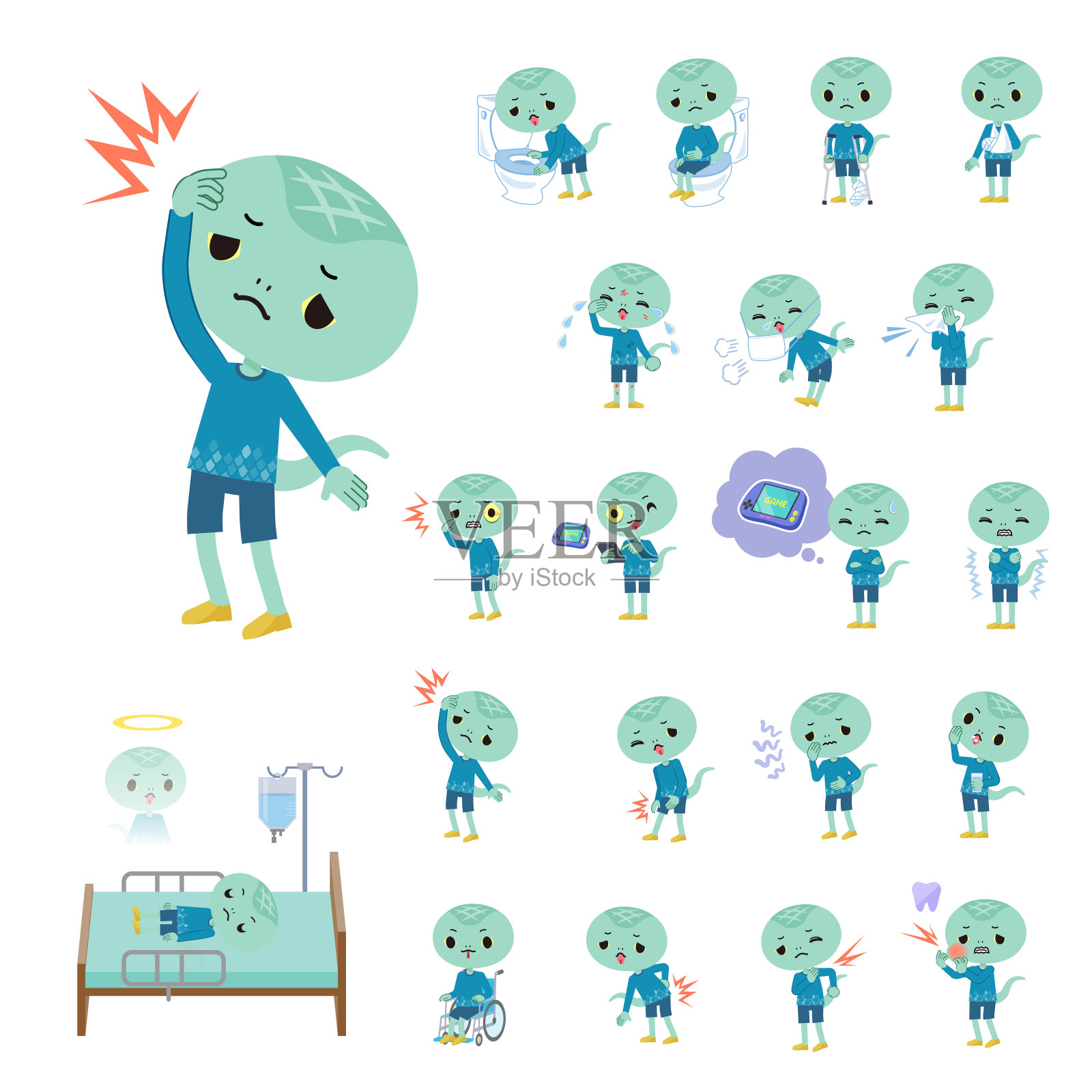 一组受伤生病的蛇男孩插画图片素材