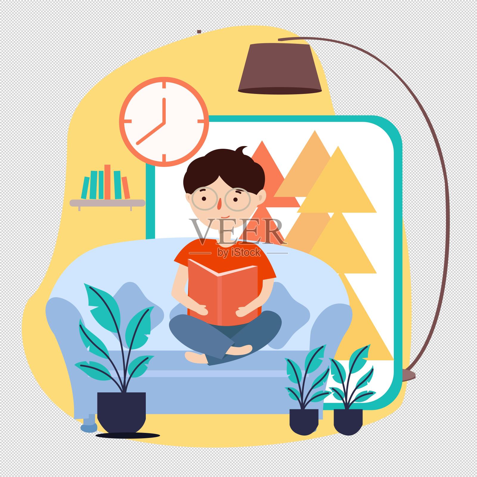 沙发植物读书卡通手绘设计元素图片