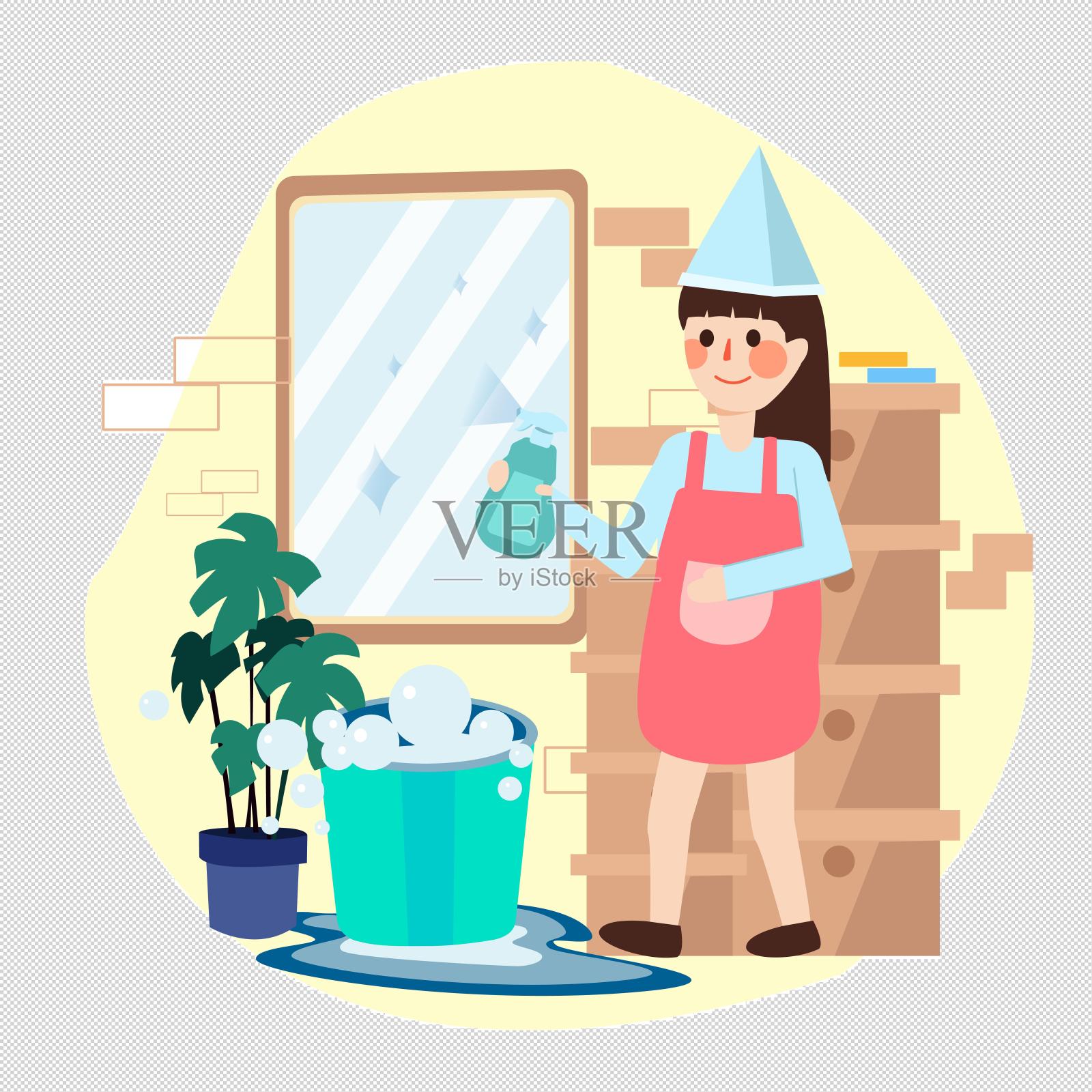 创意女孩打扫卧室卡通设计元素图片