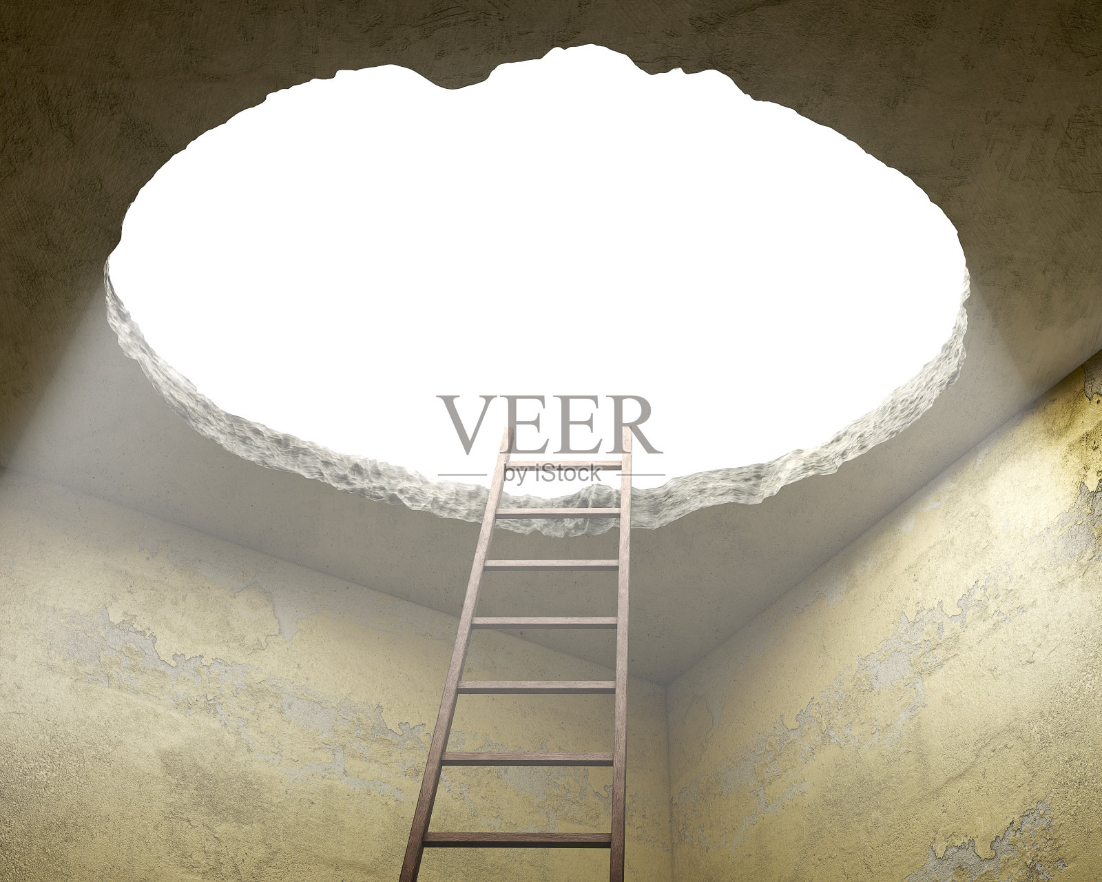天花板上的一个洞和通向它的梯子，3d插图照片摄影图片