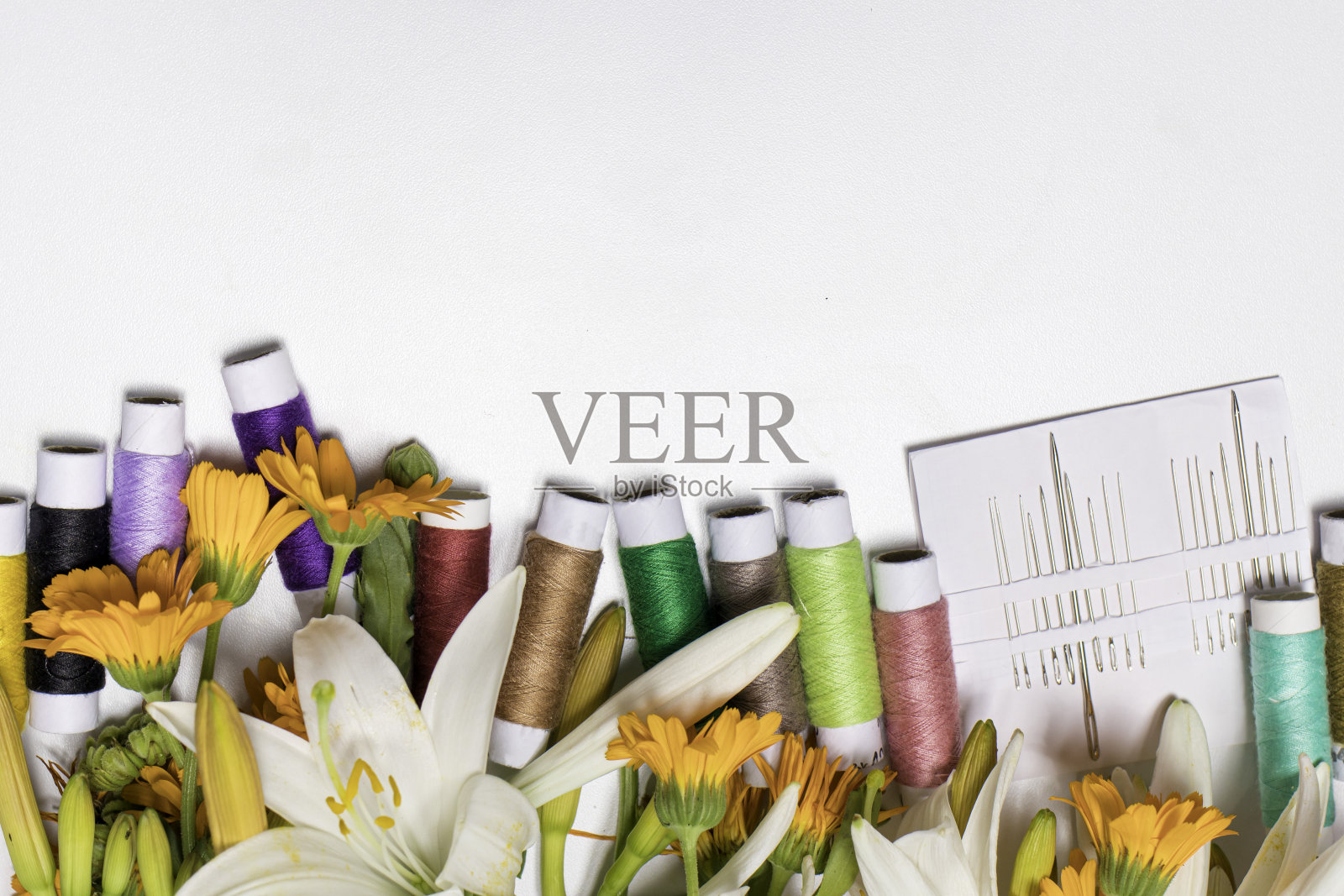 彩色的线和花在白色的背景与复制空间的文本。照片摄影图片