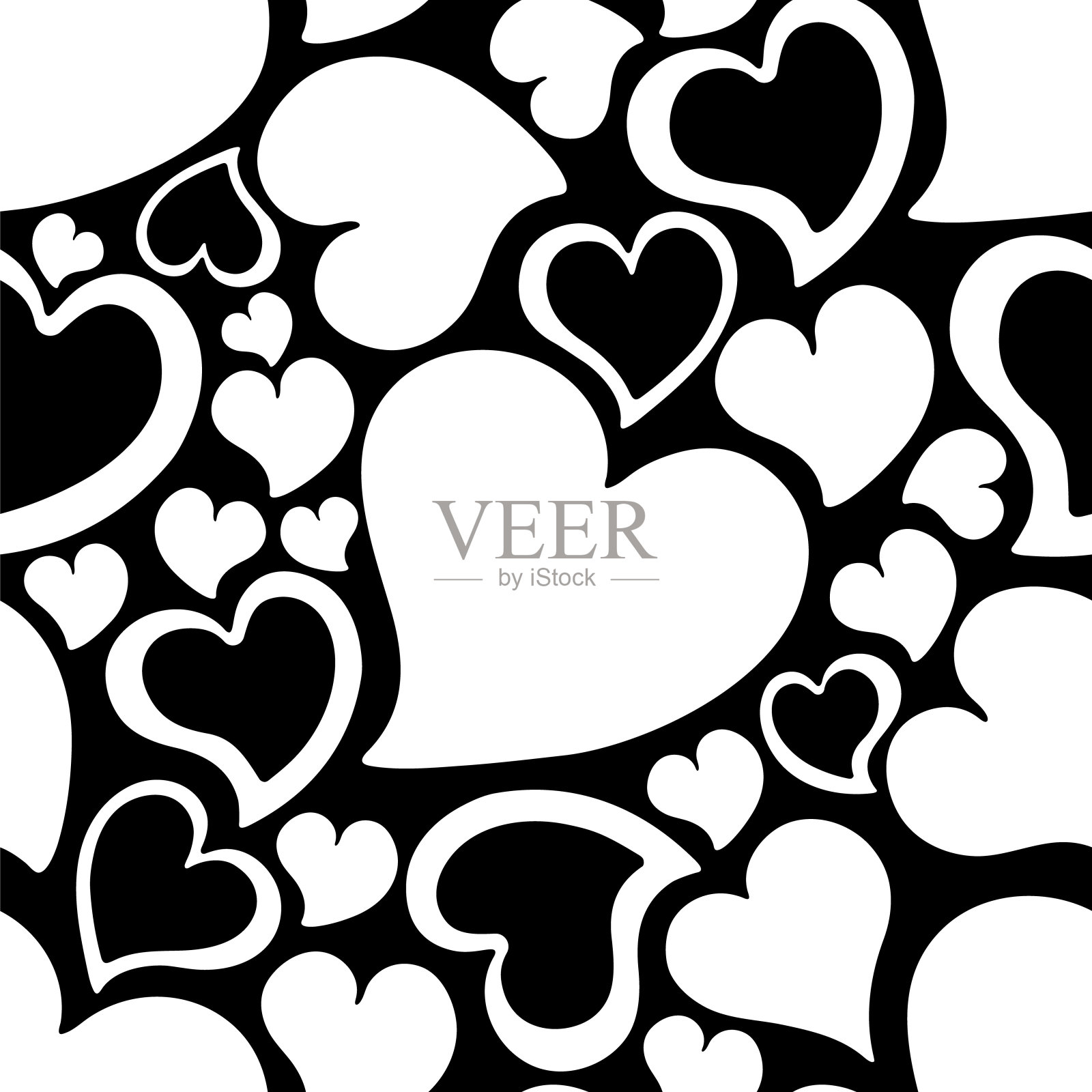 黑色和白色的心。无缝图案的爱情符号。情人节和婚礼背景收藏。矢量图插画图片素材