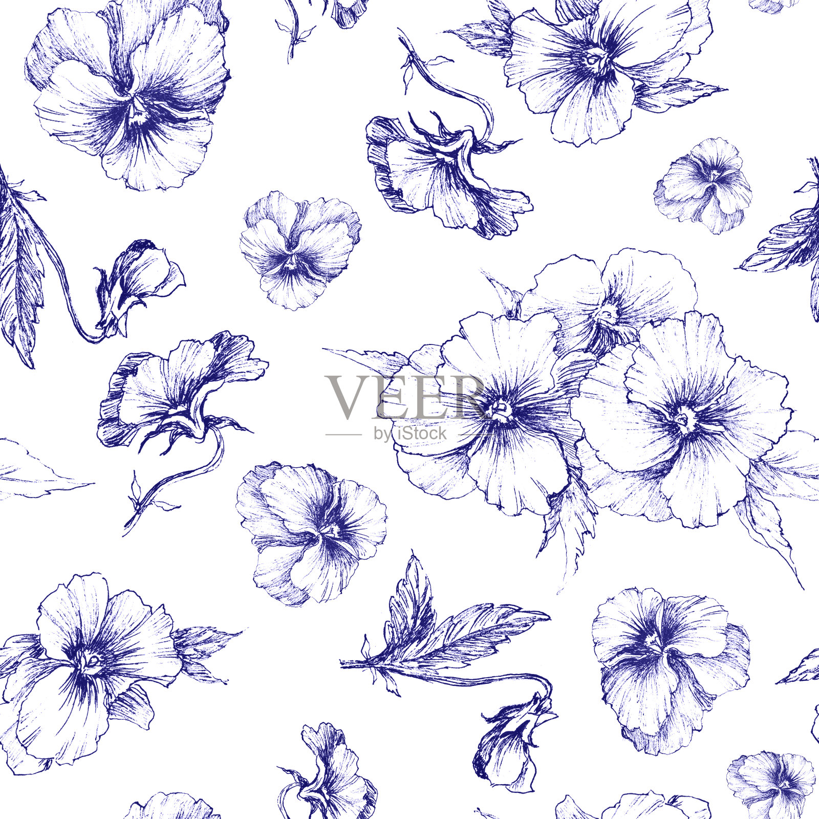 无缝花图案与三色堇插画图片素材