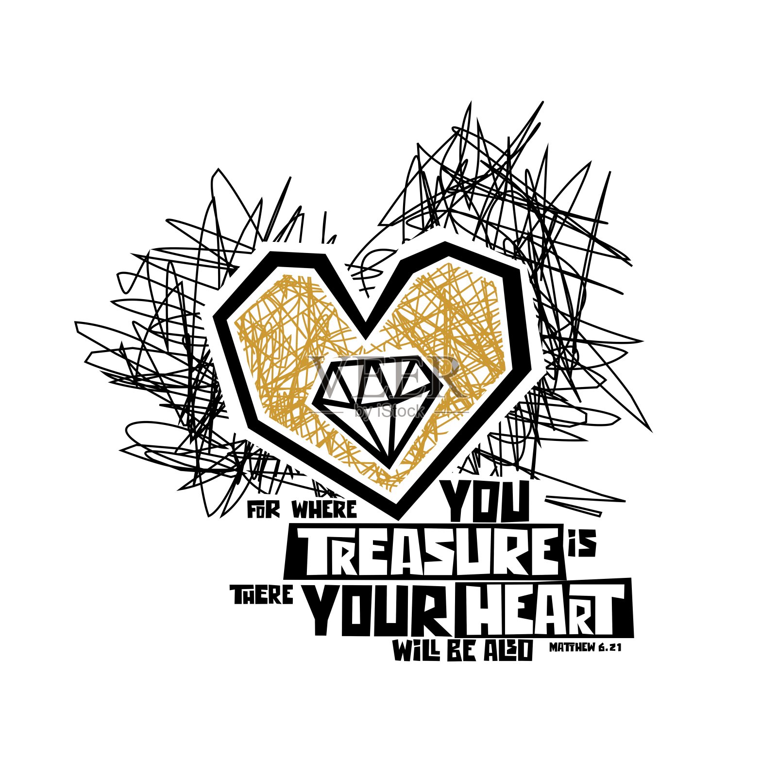 基督教字体，字母和插图。因为你珍惜的地方就有你的心。插画图片素材