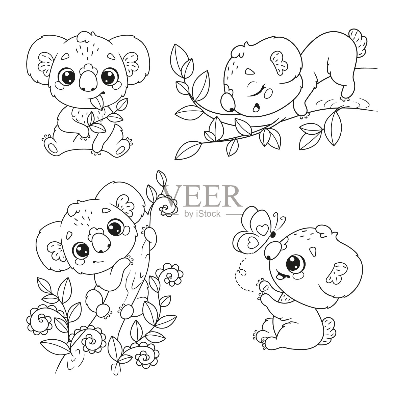 设置可爱的考拉涂鸦风格插画图片素材