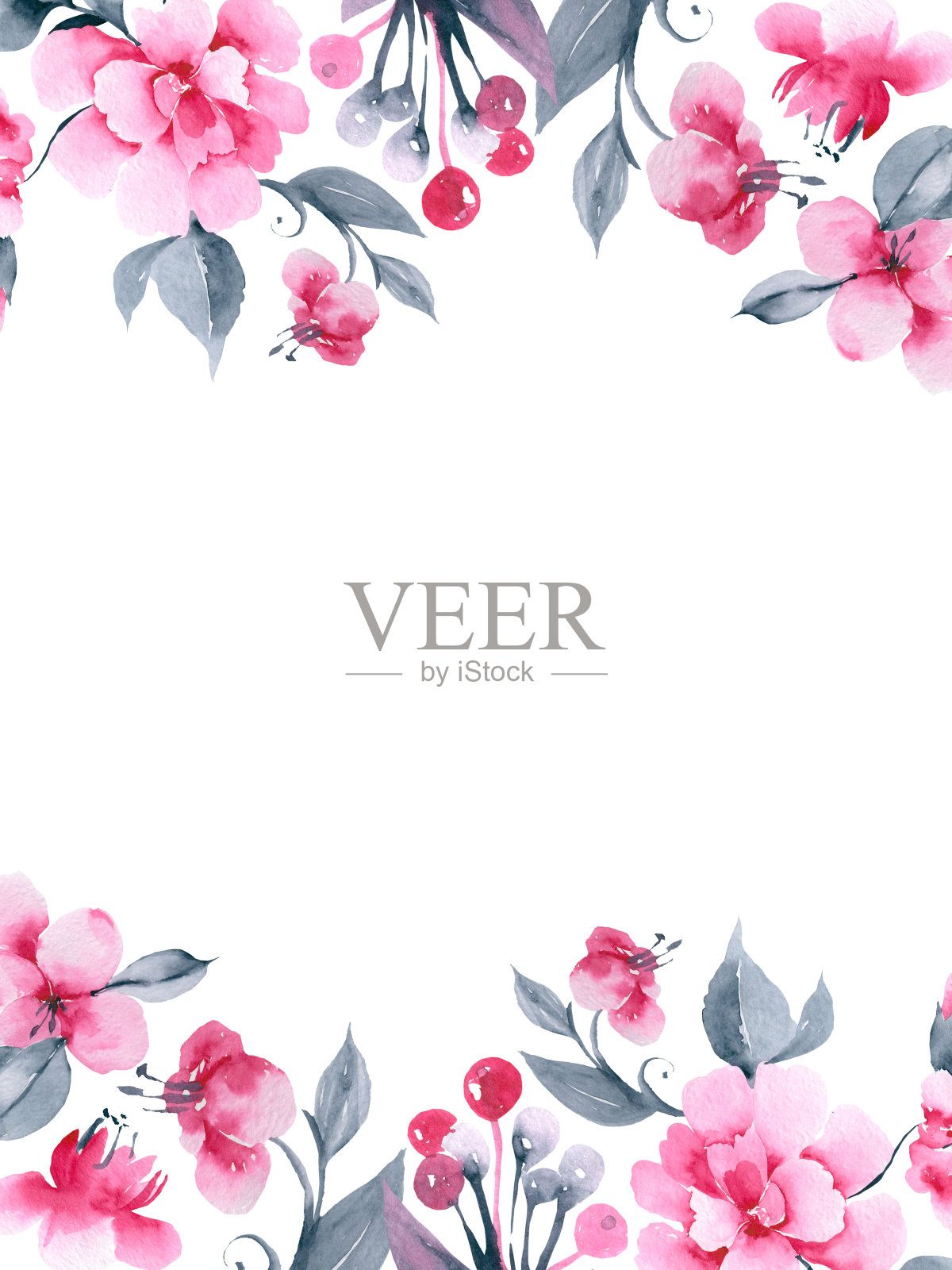 粉色水彩花盛开插图。集合集合插画图片素材