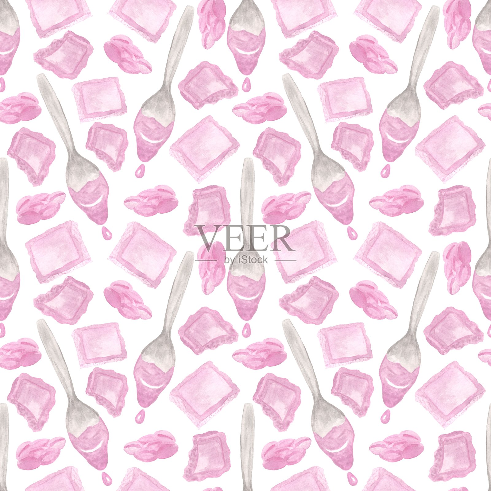 粉色水彩插图â巧克力，白色背景上的巧克力勺，甜糕点图案缝合线插画图片素材