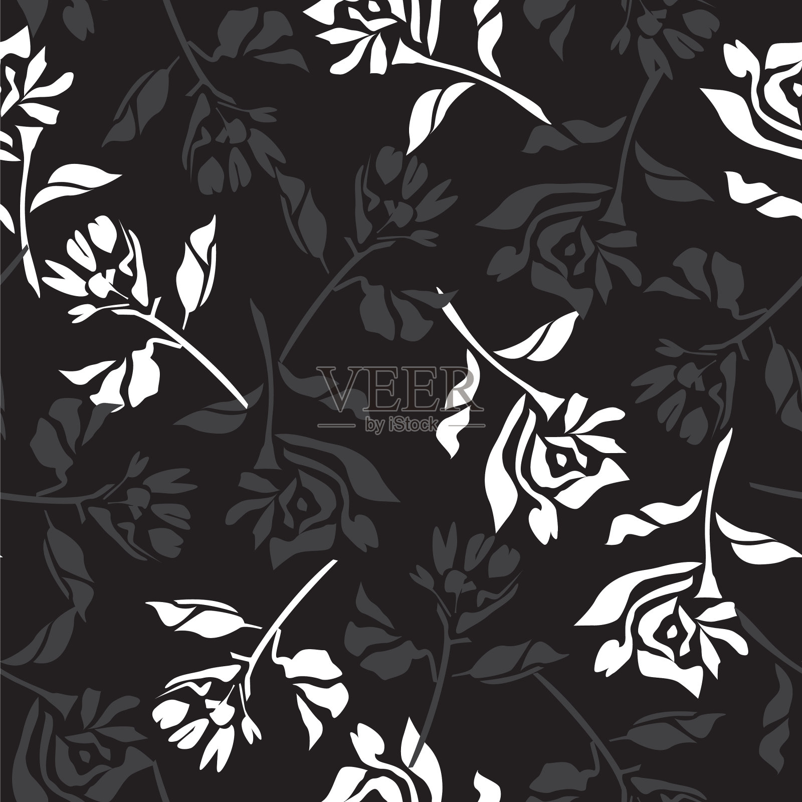 黑白植物花卉无缝图案插画图片素材