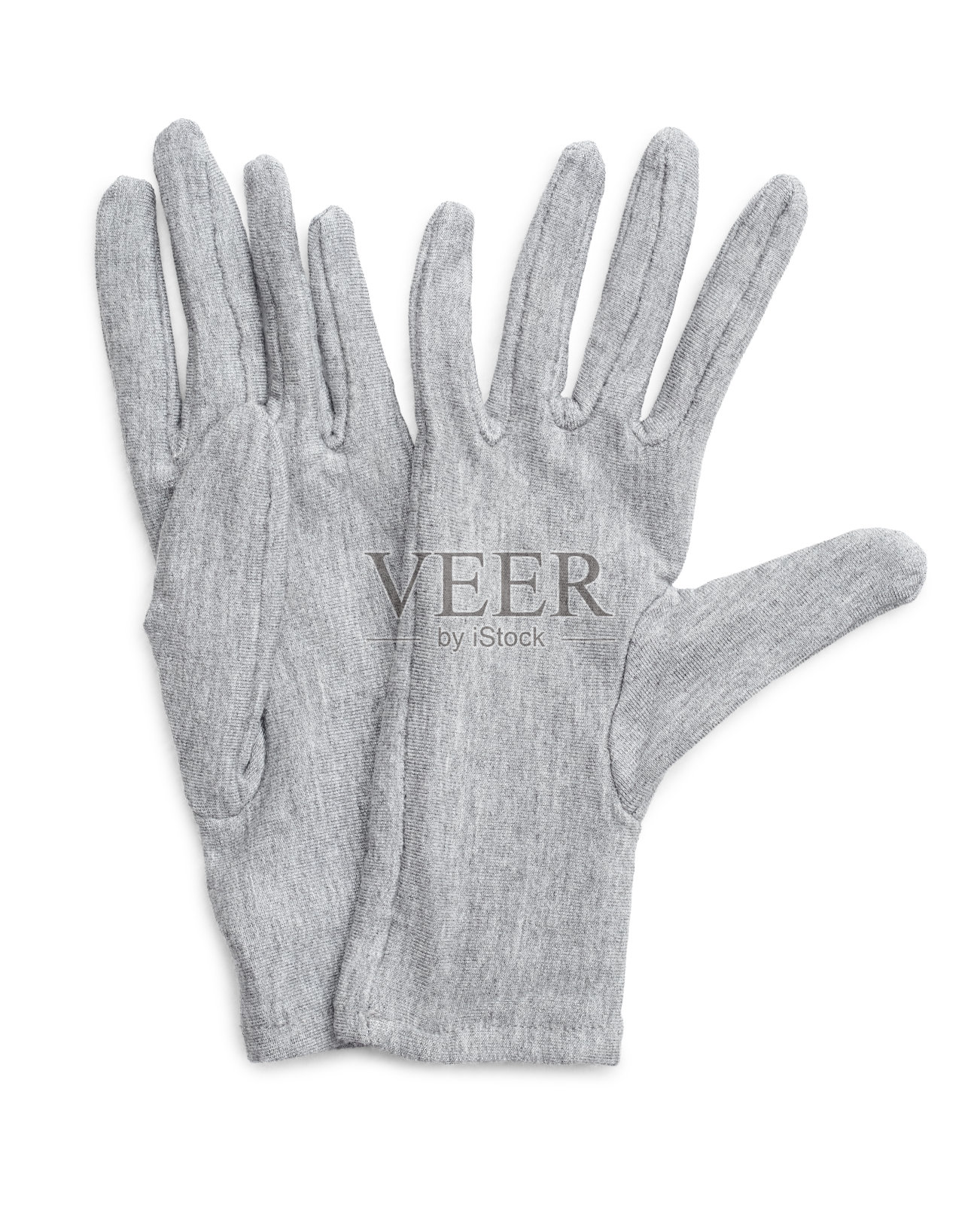 灰色冬季织物手套的妇女孤立在白色背景。照片摄影图片