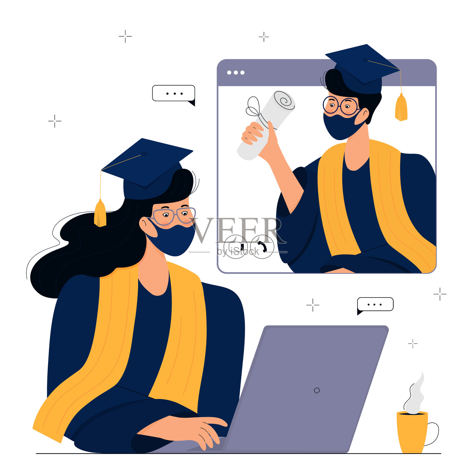 网上远程虚拟毕业典礼插画图片素材