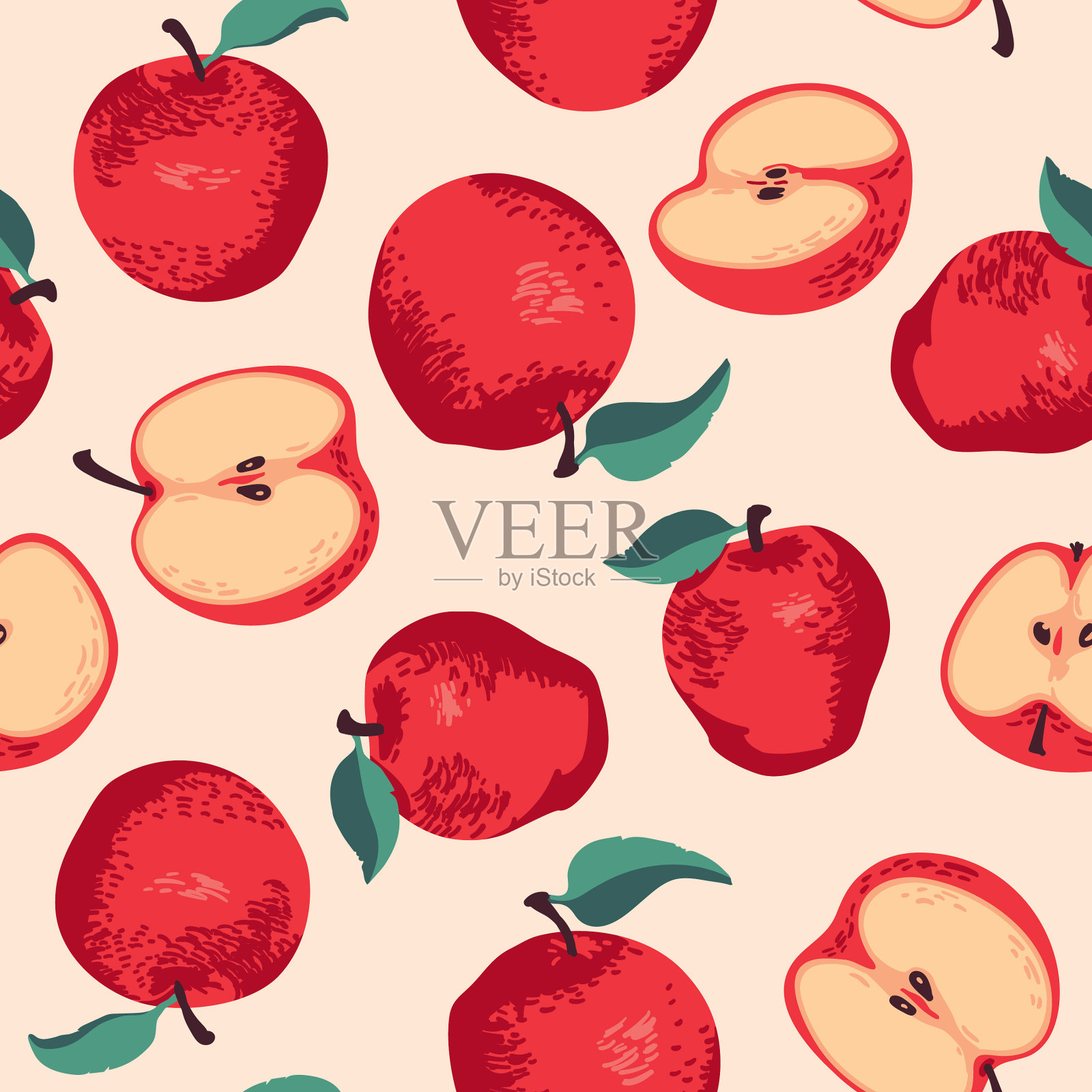 夏天的模式与苹果，花和叶插画图片素材