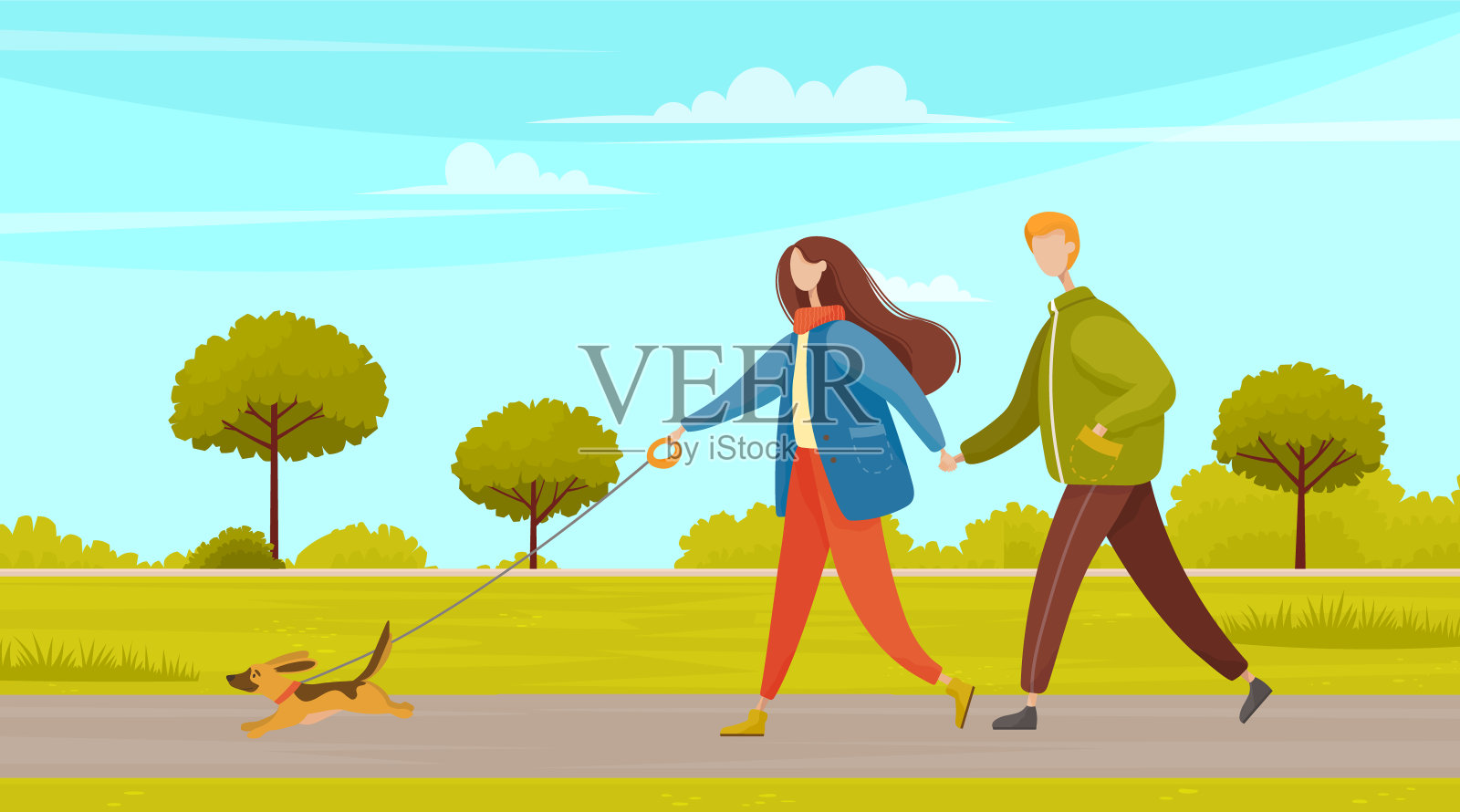 情侣带着宠物在城市公园散步。和可爱的小狗一起浪漫的散步插画图片素材