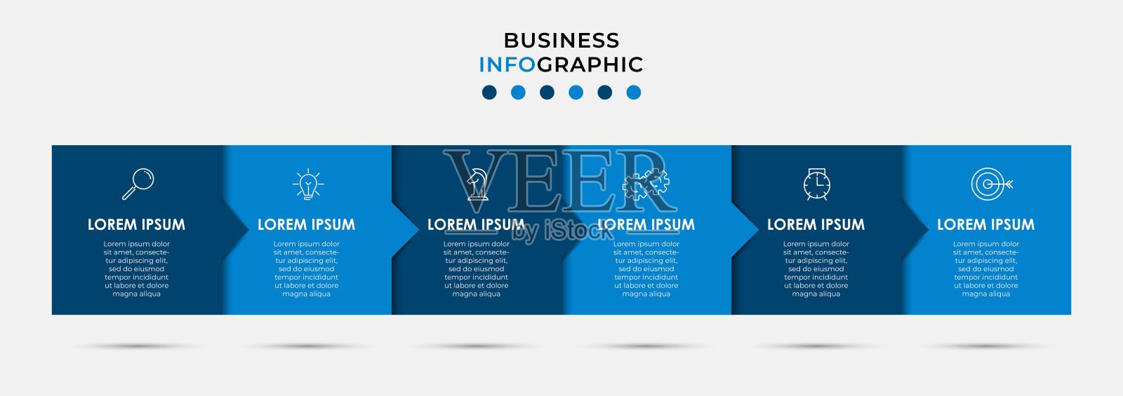 矢量图形设计业务模板与图标和6个选项或步骤。可用于流程图，演示文稿，工作流布局，横幅，流程图，信息图插画图片素材