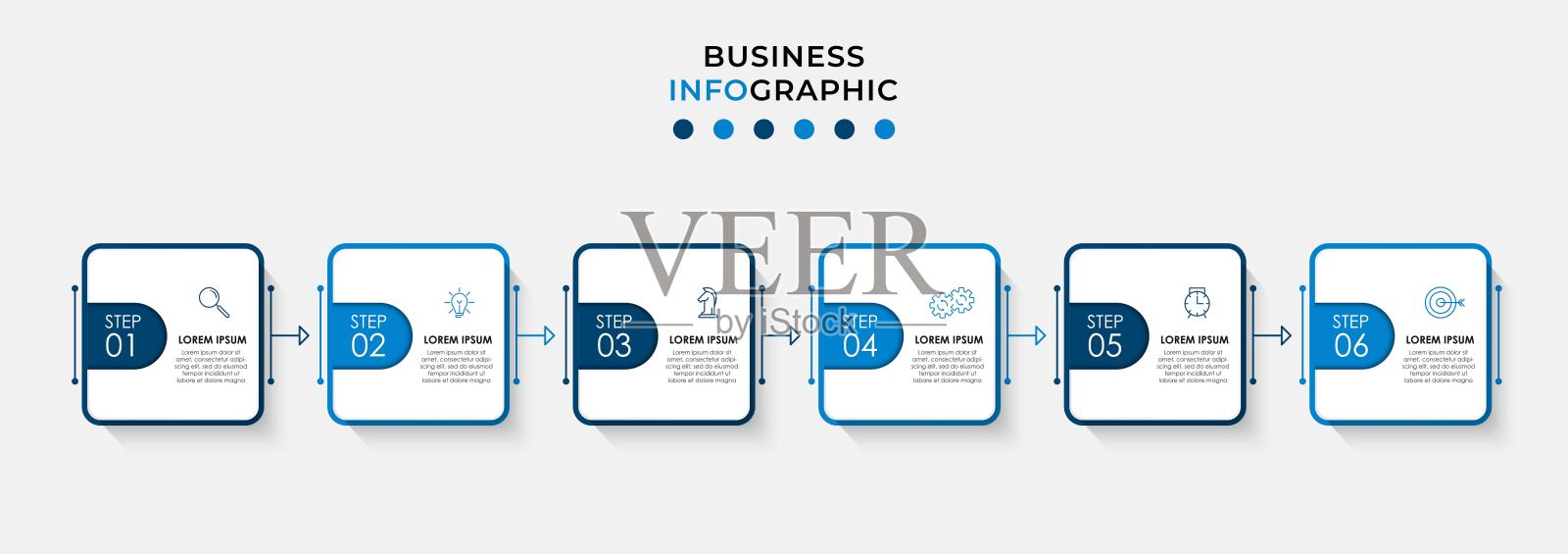 矢量图形设计业务模板与图标和6个选项或步骤。可用于流程图，演示文稿，工作流布局，横幅，流程图，信息图插画图片素材