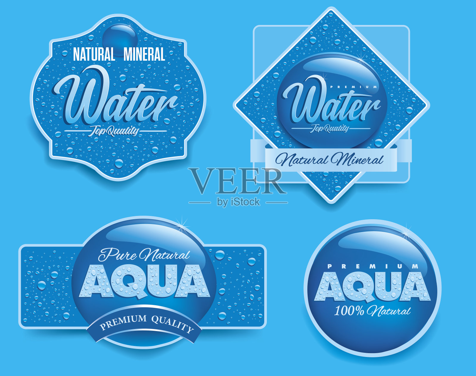矿物和纯天然水标签，不干胶，徽章。插画图片素材