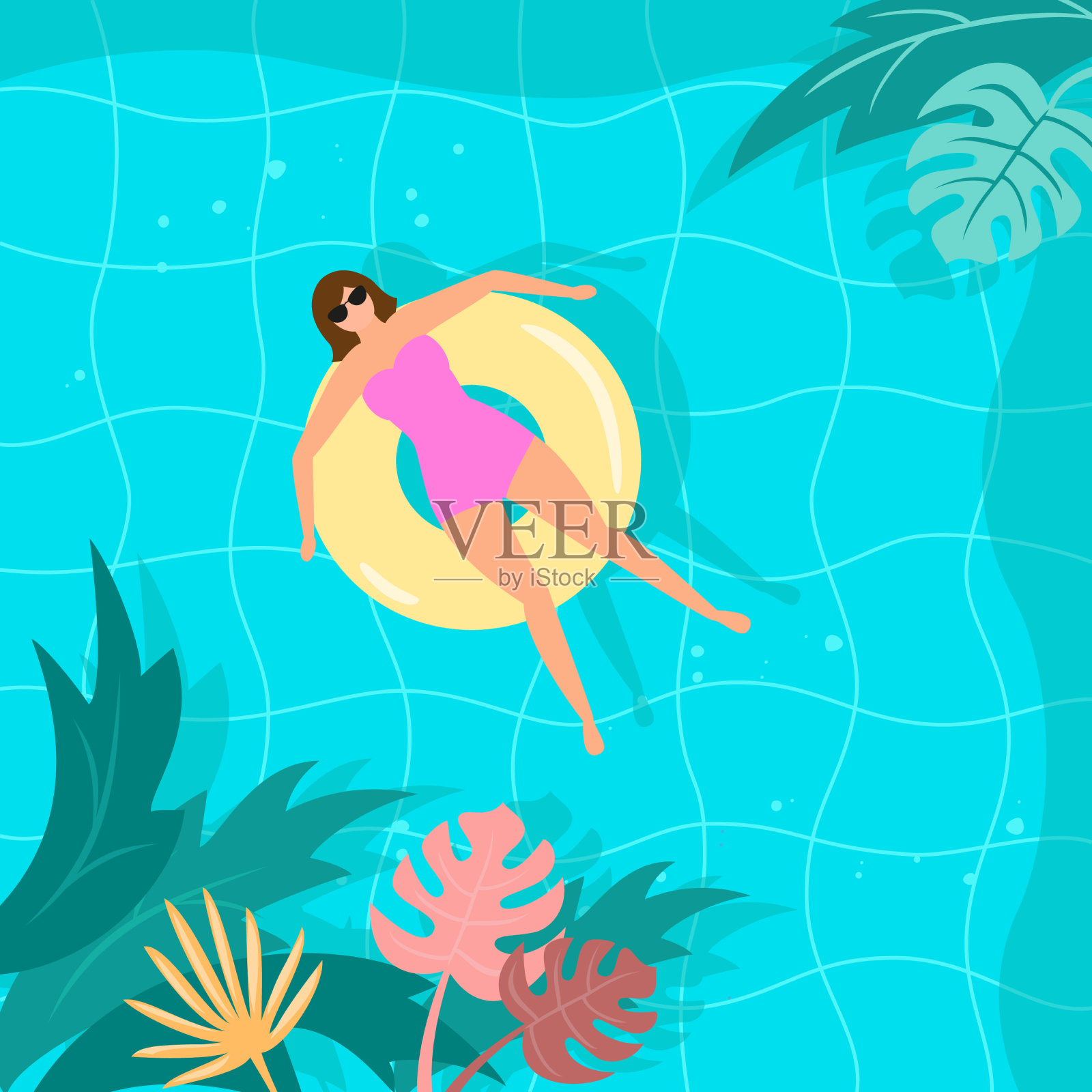 夏季景观与热带植物和女人插画图片素材