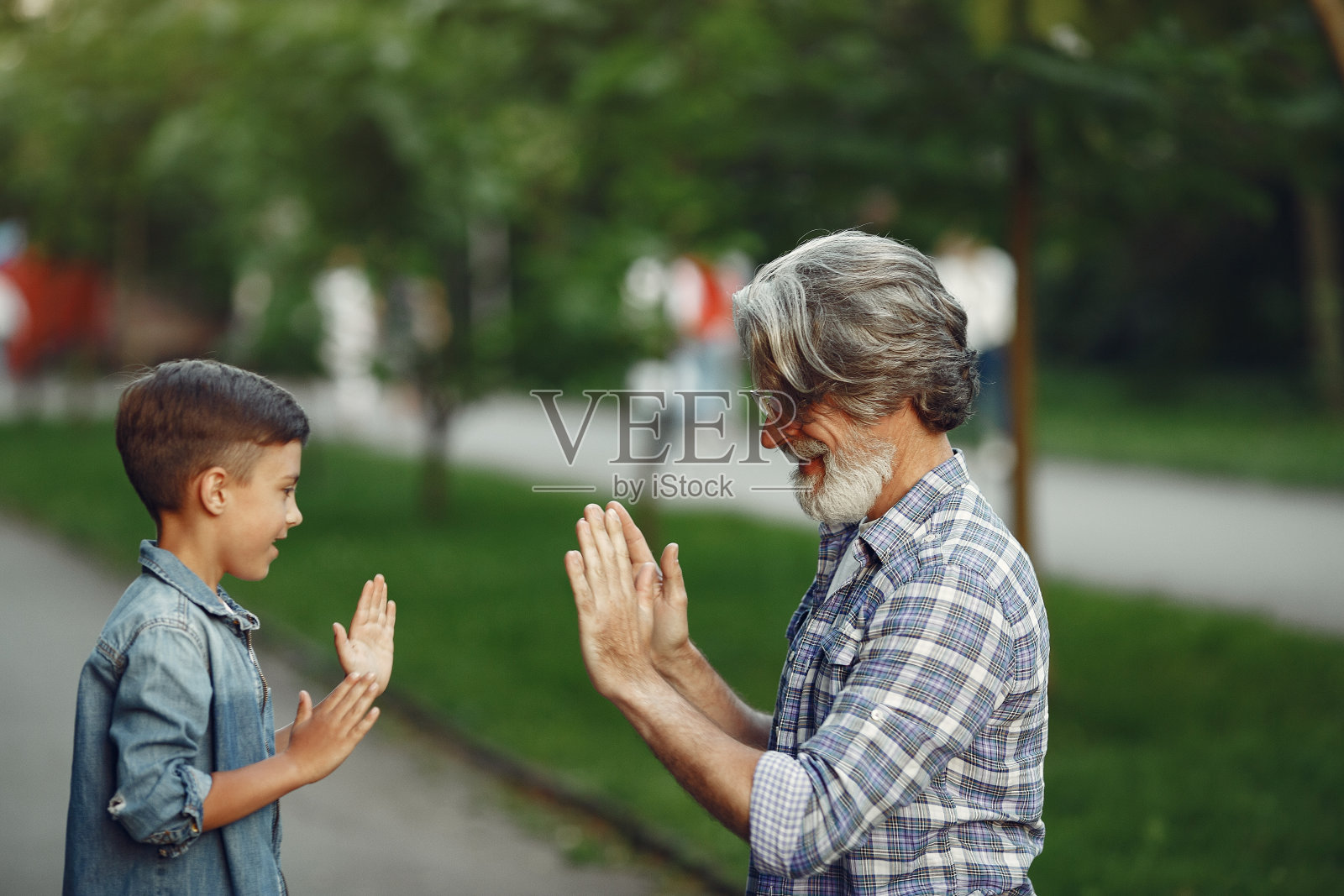 爷爷和孙子在夏季公园散步照片摄影图片