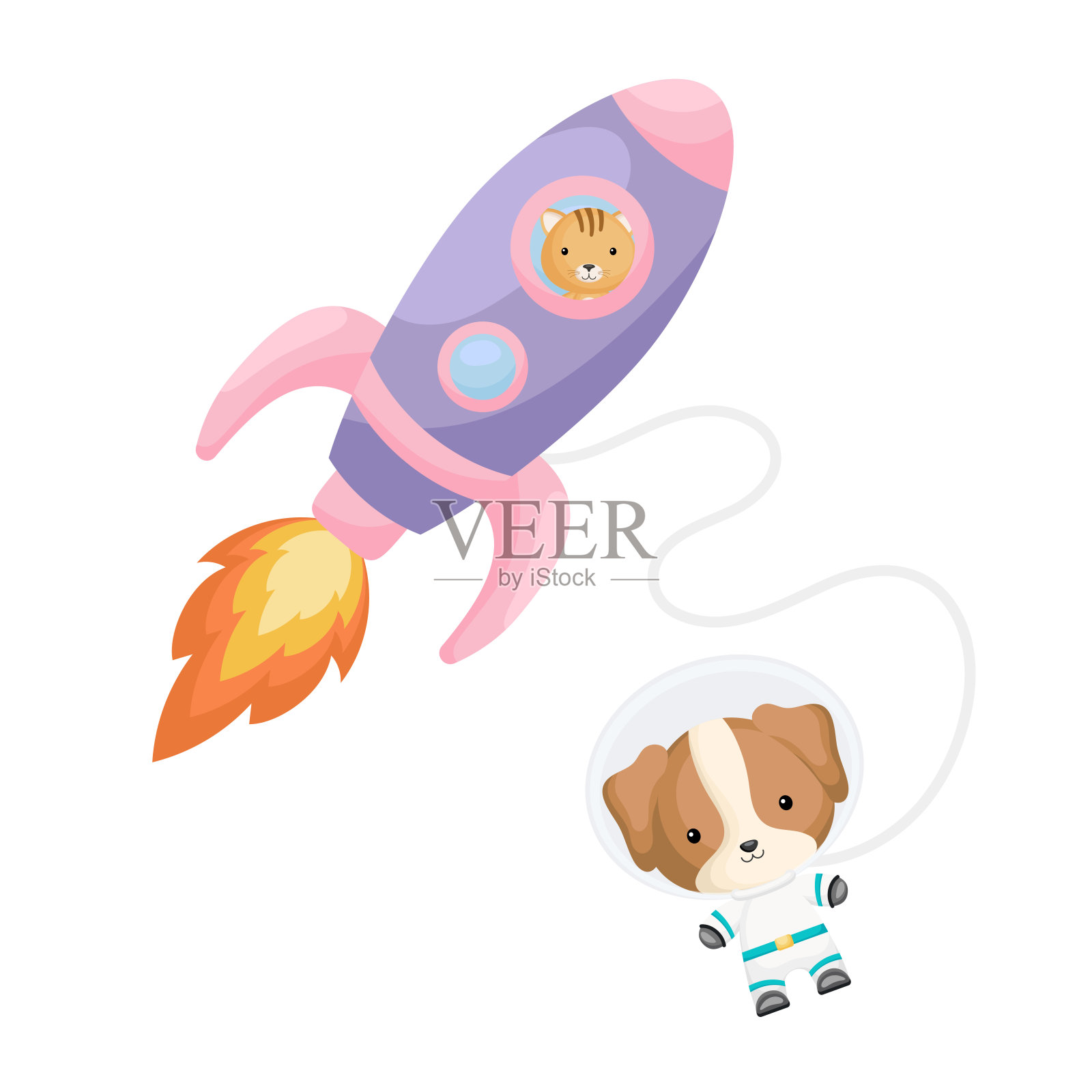 可爱的小猫在紫色的火箭里飞行。卡通狗角色在太空服装与火箭在白色背景。设计婴儿送礼会，邀请卡，墙壁装饰。矢量图插画图片素材