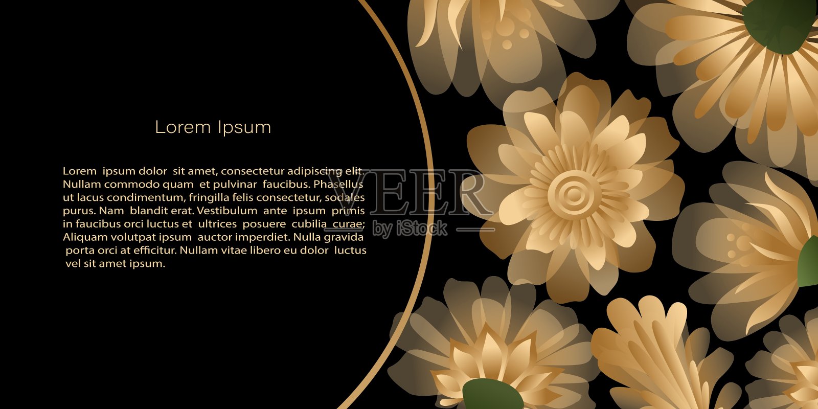 矢量模板，黑色背景上金色花朵的横幅，复制空间。为邀请，卡片或横幅和海报，着陆页插画图片素材