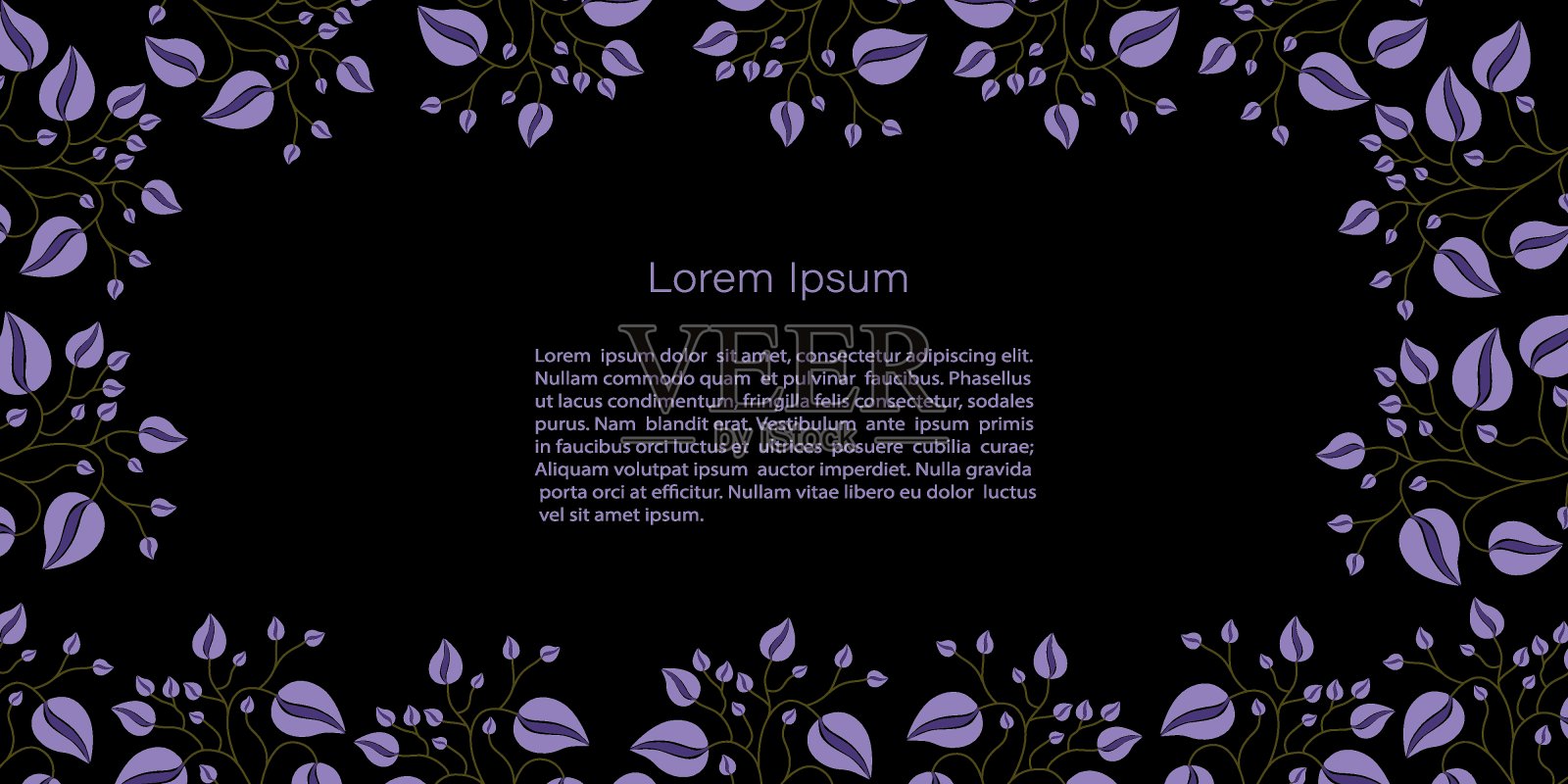 时尚的矢量模板在黑色和紫色的颜色与空间的文本。黑色背景和紫色仙女花框架邀请，卡片或横幅和海报，登陆页插画图片素材