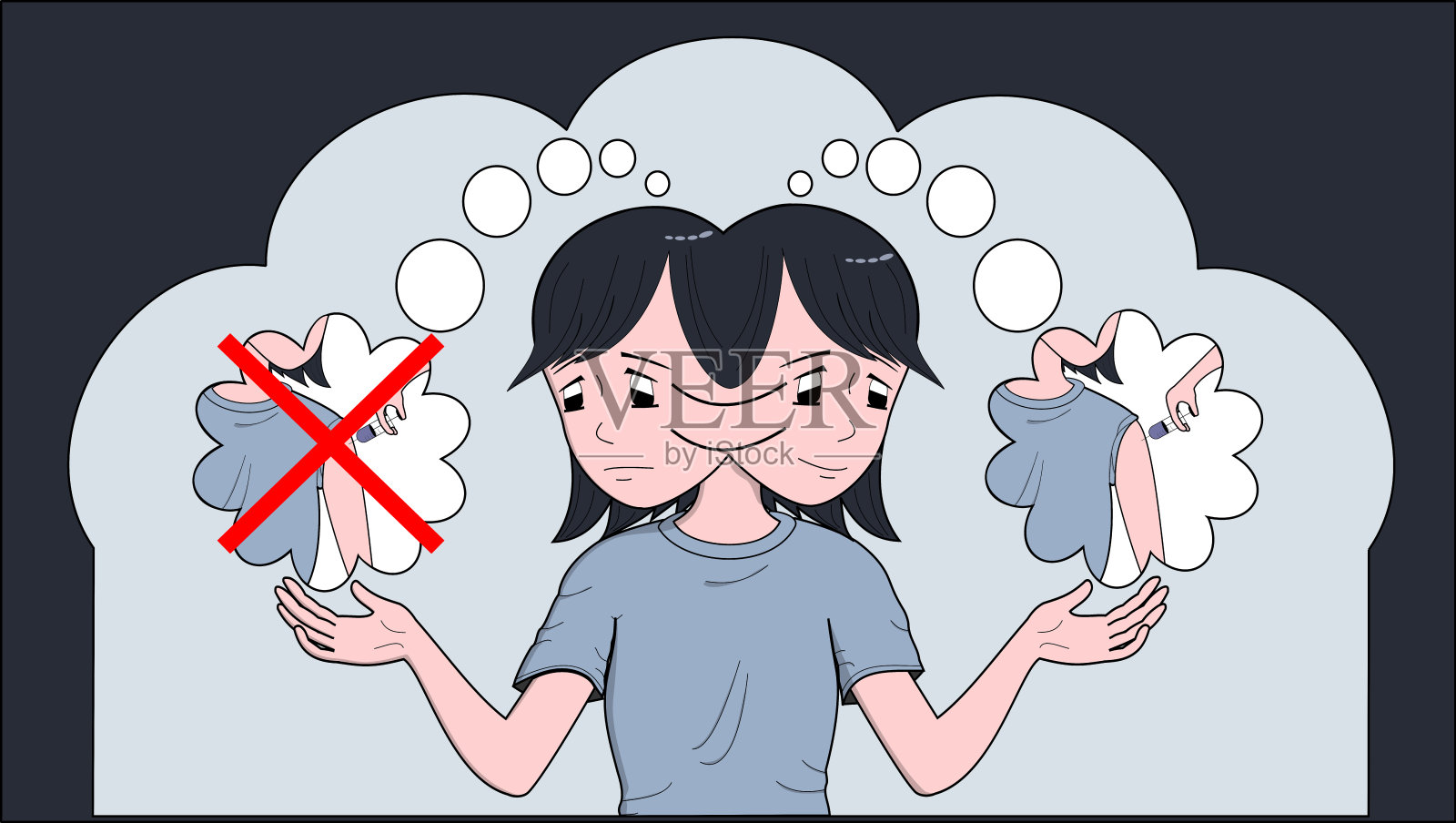 一名年轻女子正在决定是否接种疫苗。插画图片素材