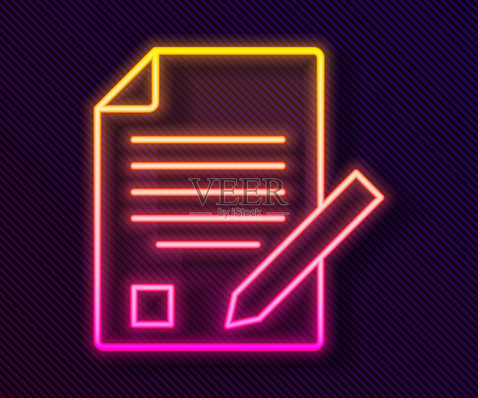 发光的霓虹灯线考试表和铅笔与橡皮图标隔离在黑色的背景。试卷，考试，或调查概念。学校测验或考试。向量插画图片素材