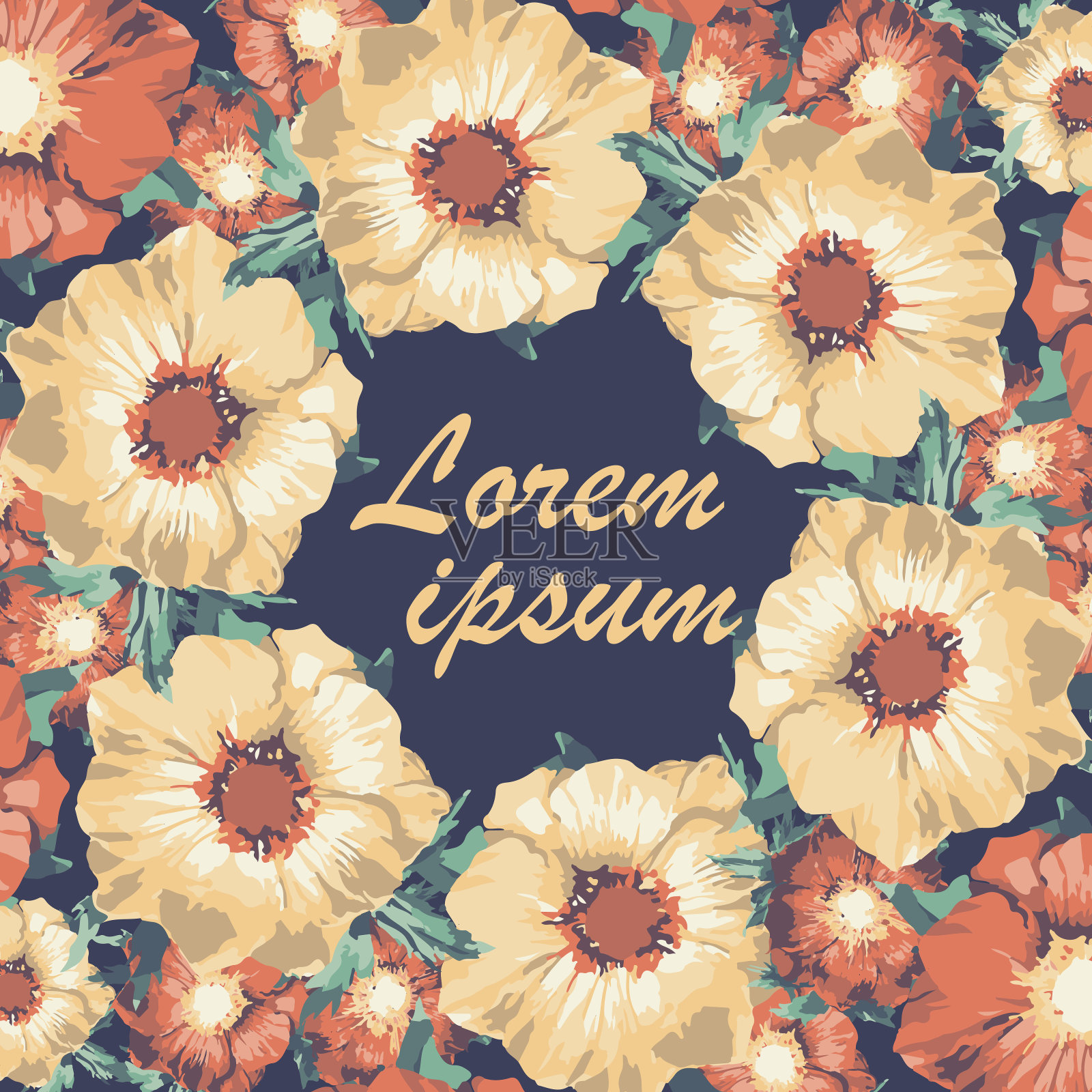 黄色和红色的花在蓝色的背景上。插画图片素材