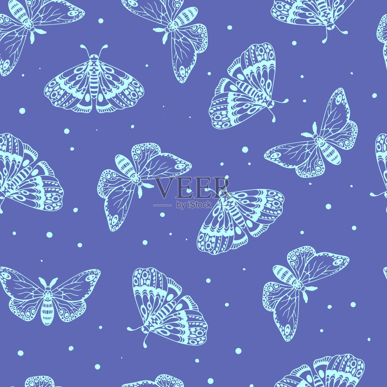 蓝色图案的美丽蝴蝶。昆虫无缝模式。矢量图插画图片素材