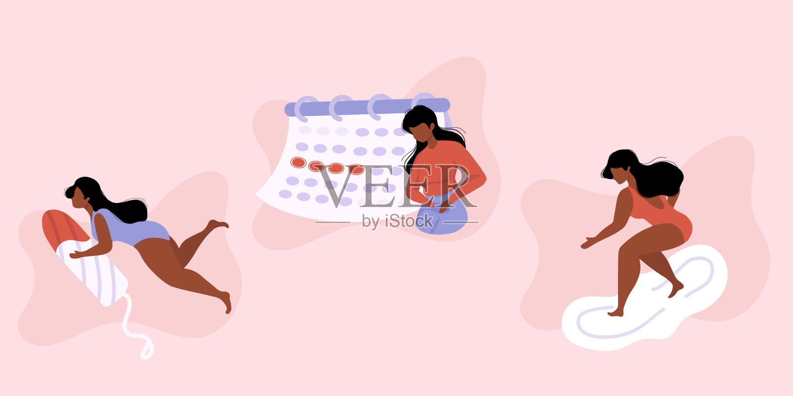 非洲妇女穿着内衣或泳衣在冲浪板上冲浪。期问题的概念。女性的保护。网站，文章，打印贴纸。女孩有月经，经前综合症，经前综合症，月经设计模板素材