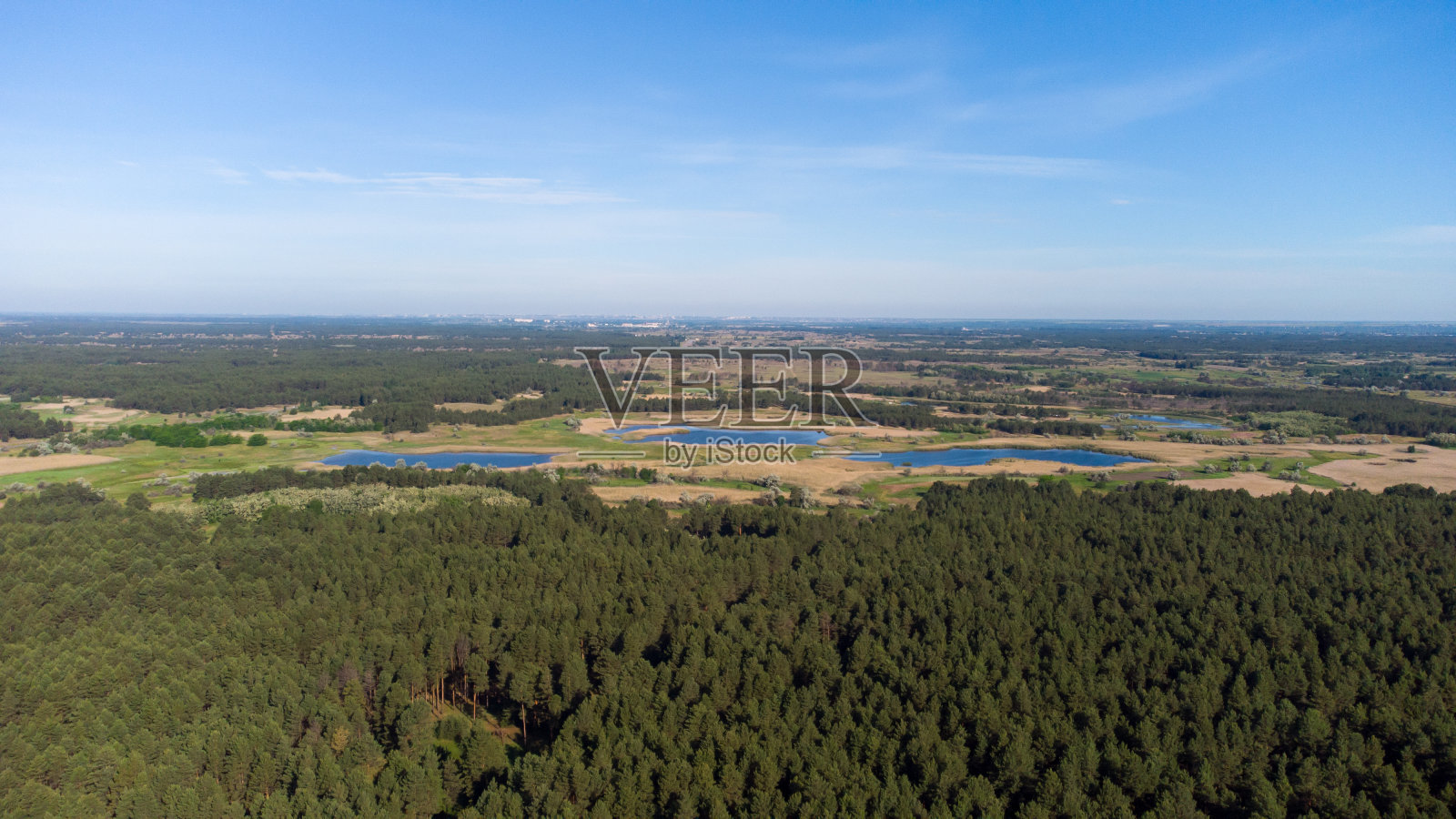 一个茂密的绿色森林的鸟瞰图。在森林、湖泊和田野的后面照片摄影图片