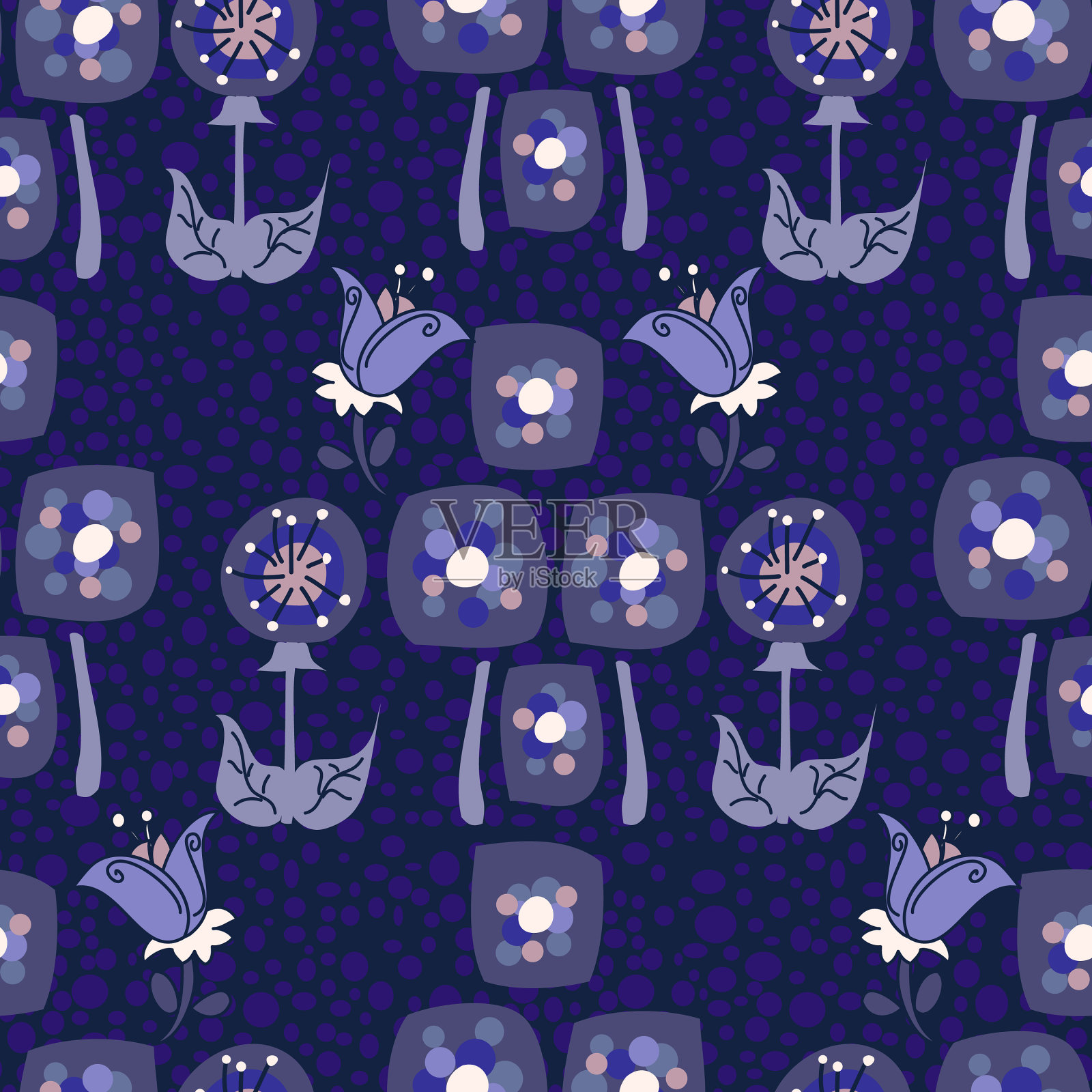 靛蓝色和紫色重复着复古的花图案插画图片素材