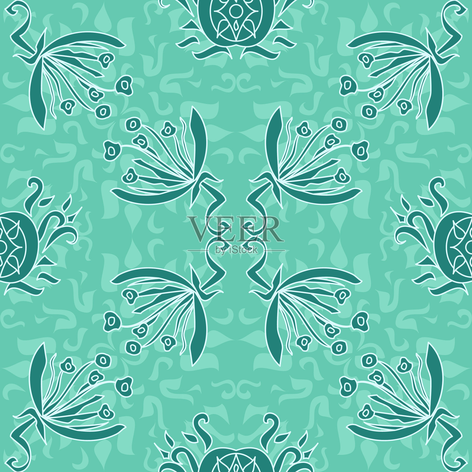 薄荷绿色花重复图案与蓝绿色插画图片素材