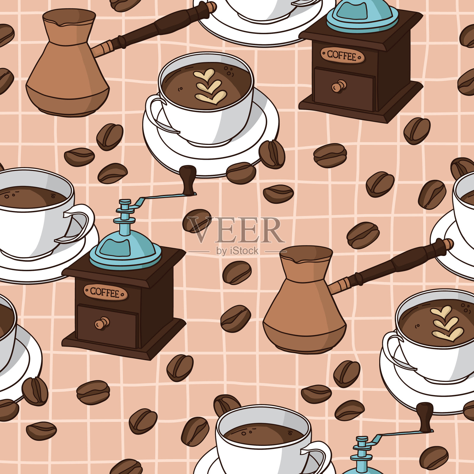 无缝图案咖啡杯咖啡研磨机插画图片素材