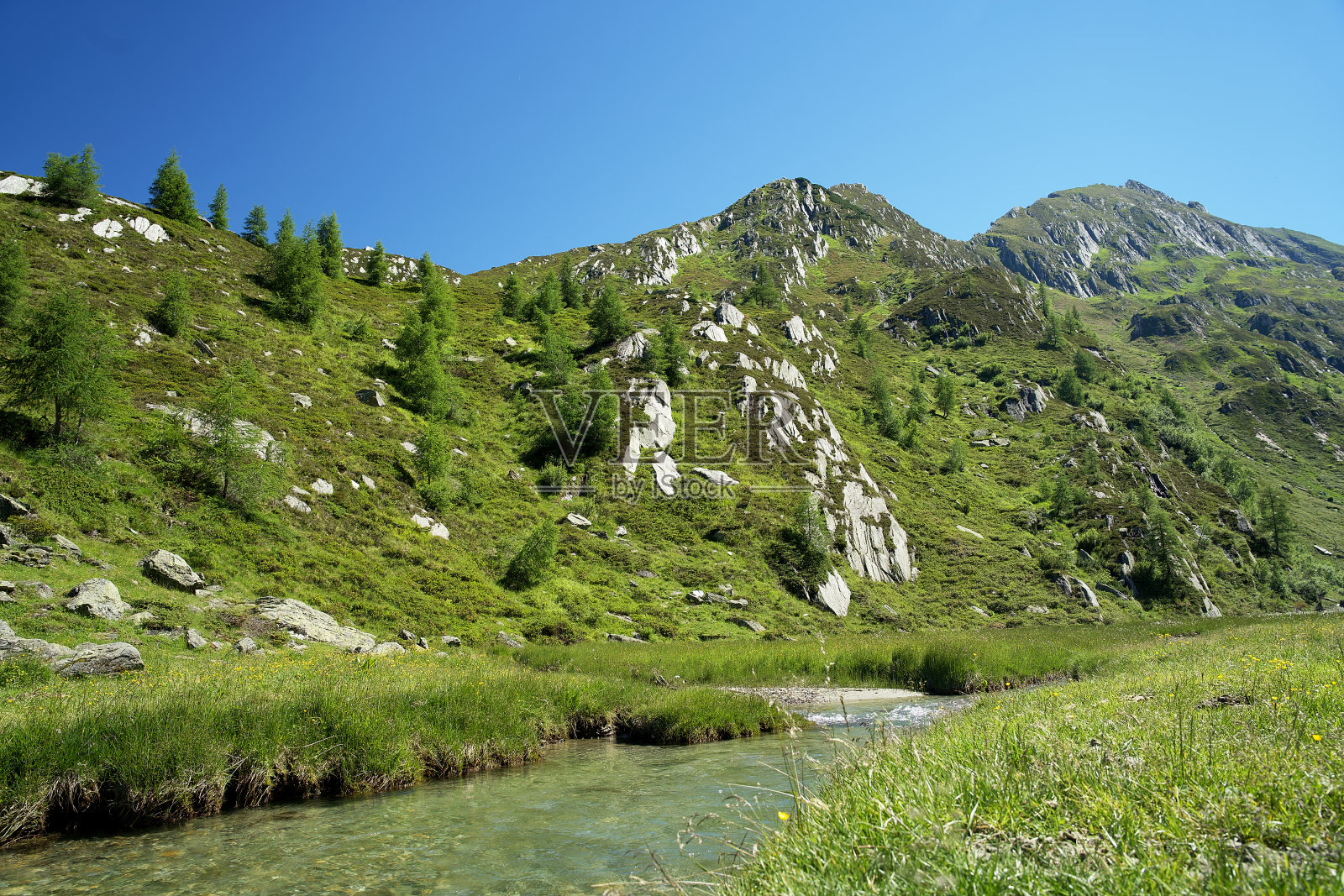 在südtiroler ahntal高山高原有绿色的平原，山溪，冰川和晴朗的蓝天在夏天照片摄影图片